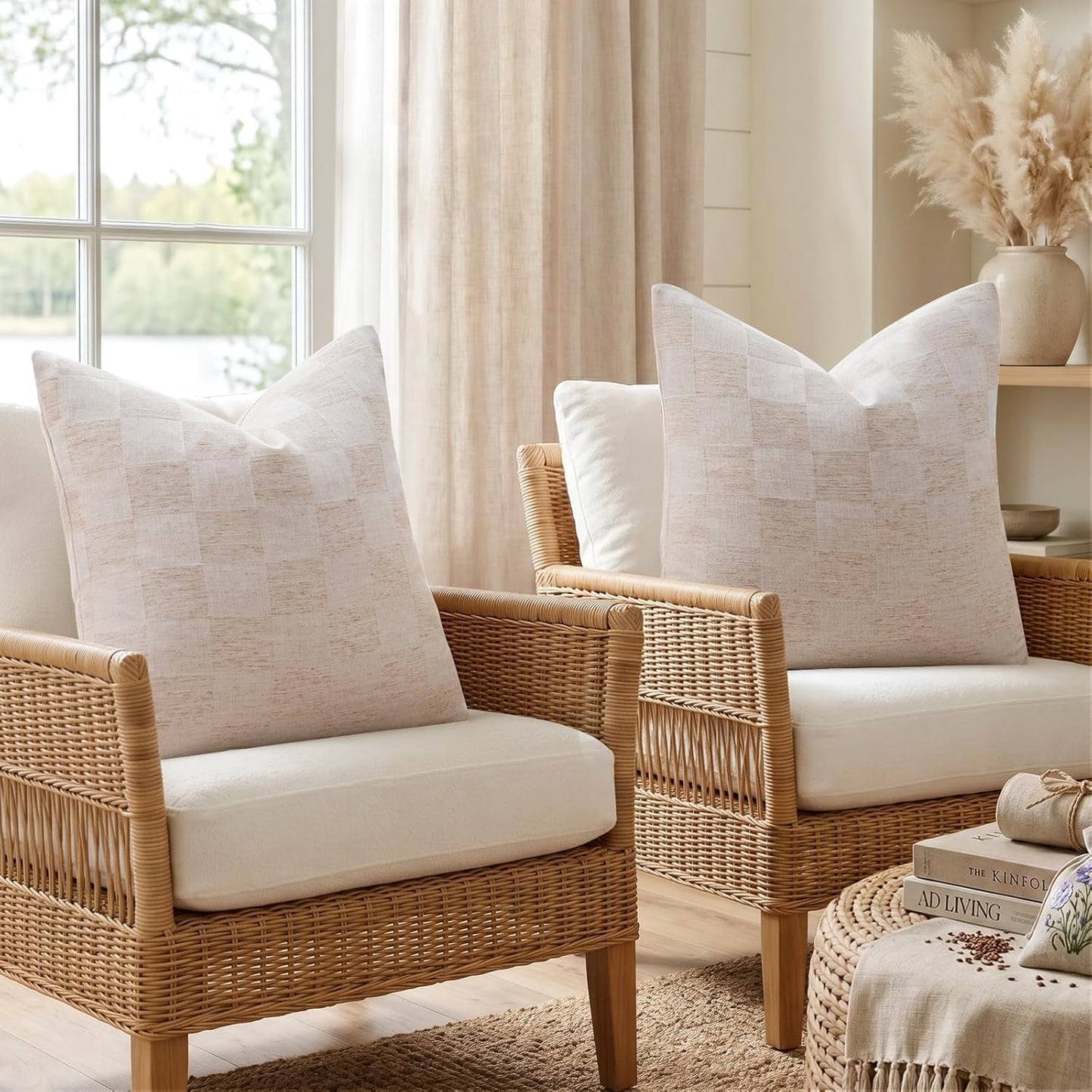 a moment Set of 2 Decorative Linen Throw Pillow Covers,Large Grid Textured Neutral Boho Farmhouse Cushion Covers,Soft Aesthetic Pillowcases for Couch Sofa Living Room Home Decor,24x24 Inch,Beige