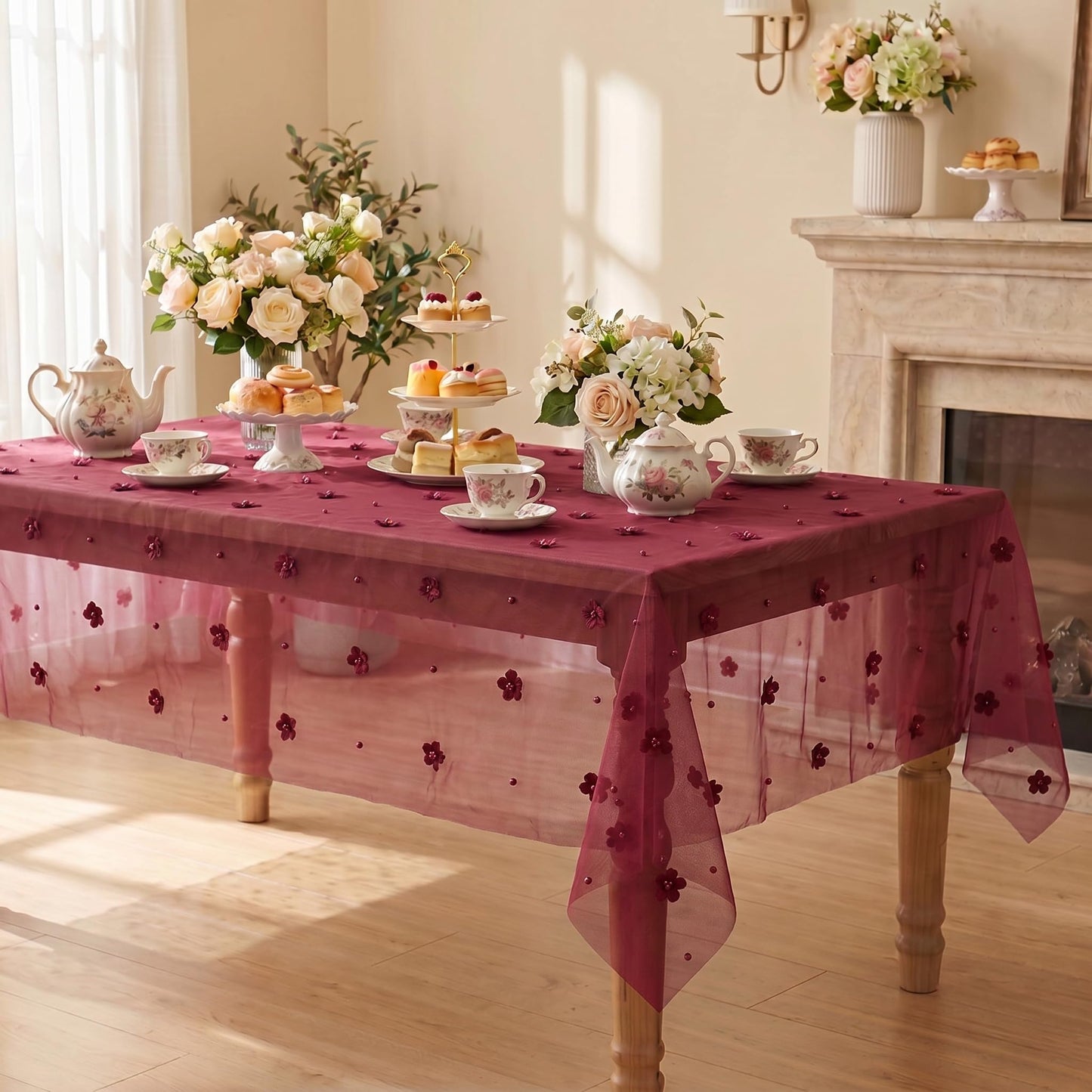 Horaldaily Burgundy Flower Pearl Burgundy Gauze Table Cloth 60×84 Inch Rectangular, Seasonal Sheer Tulle Cheesecloth, Bridal Shower Table Cover for Wedding Birthday Table Decor