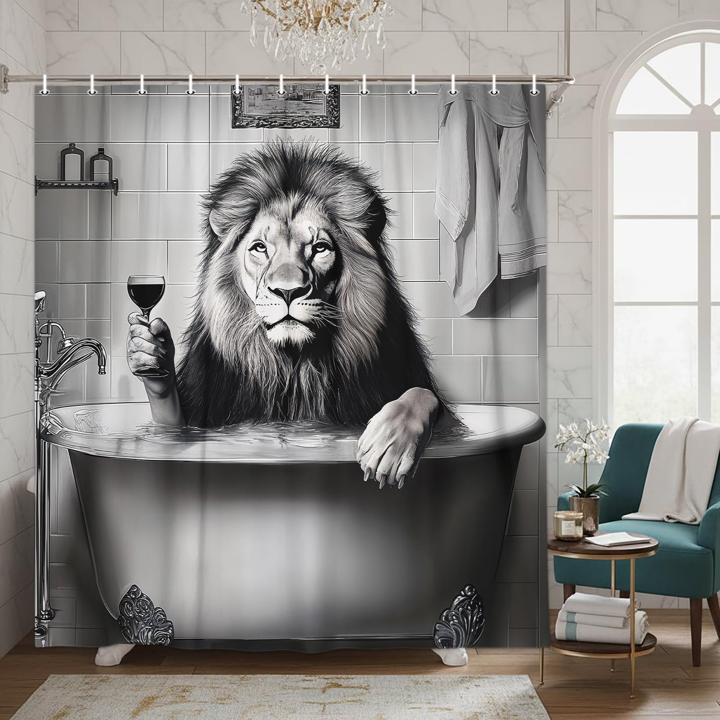 Grtuspr Funny Lion Shower Curtain, Black White Wildlife Animal Boys Men Gray Shower Curtains, Fun Lion Modern Bath Decoration Waterproof Polyester Fabric Shower Curtain Sets with 12 Hooks