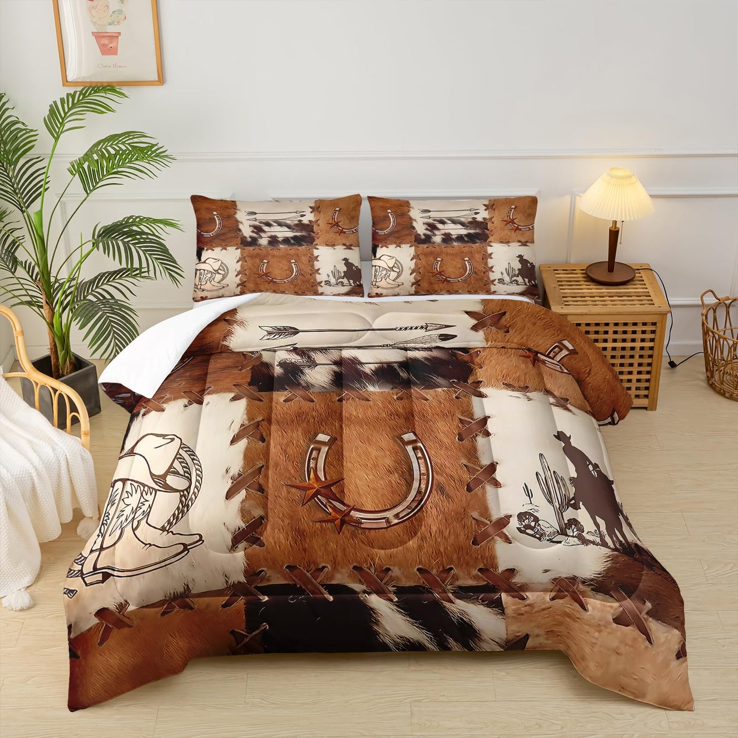 lneffble Western Comforter Set Twin,Cow Print Comforter Set for Boys,Retro Cowhide Animals Skin Brown Bedding Set,Western Cowboy Bedding Set, Cowboy Boot and Arrow Pattern Quilt Set
