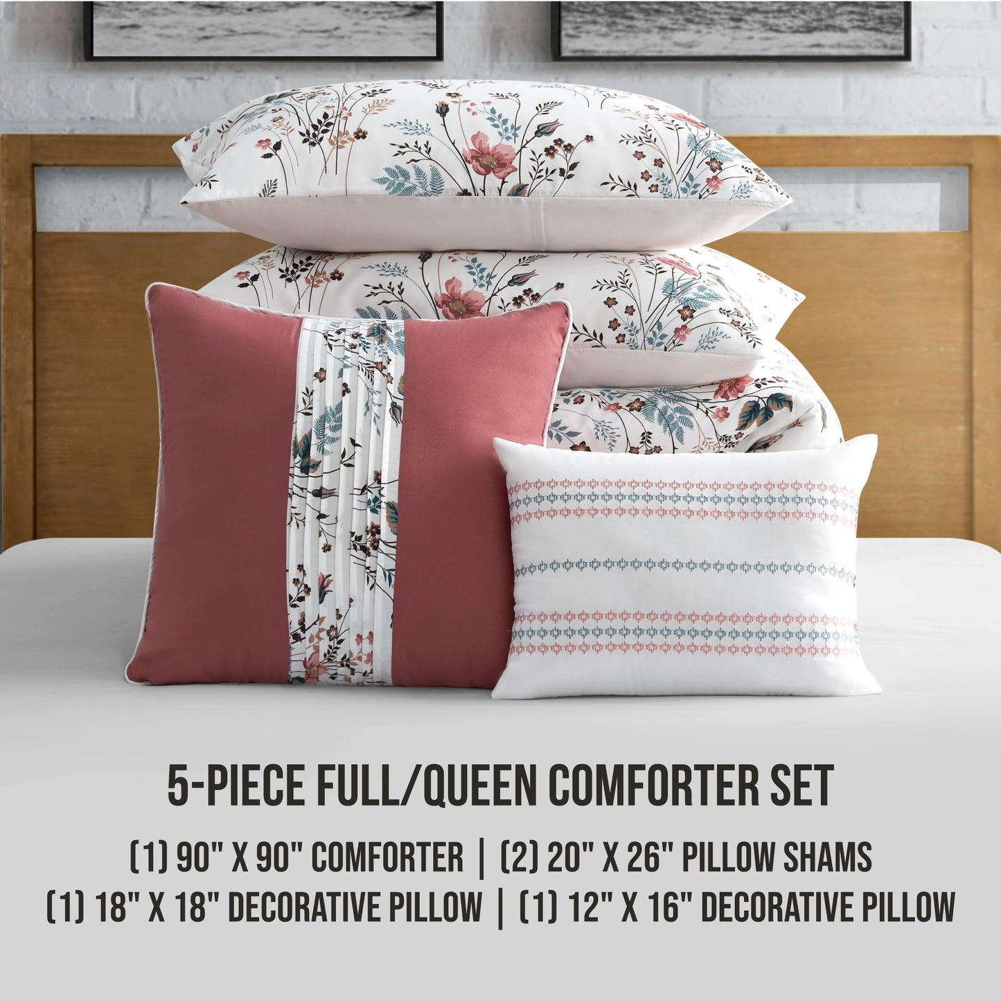 Lucky Brand Wildflower Beige Comforter Set with Pillows - Full/Queen Size - 5 Piece Luxurious Bedding Ensemble