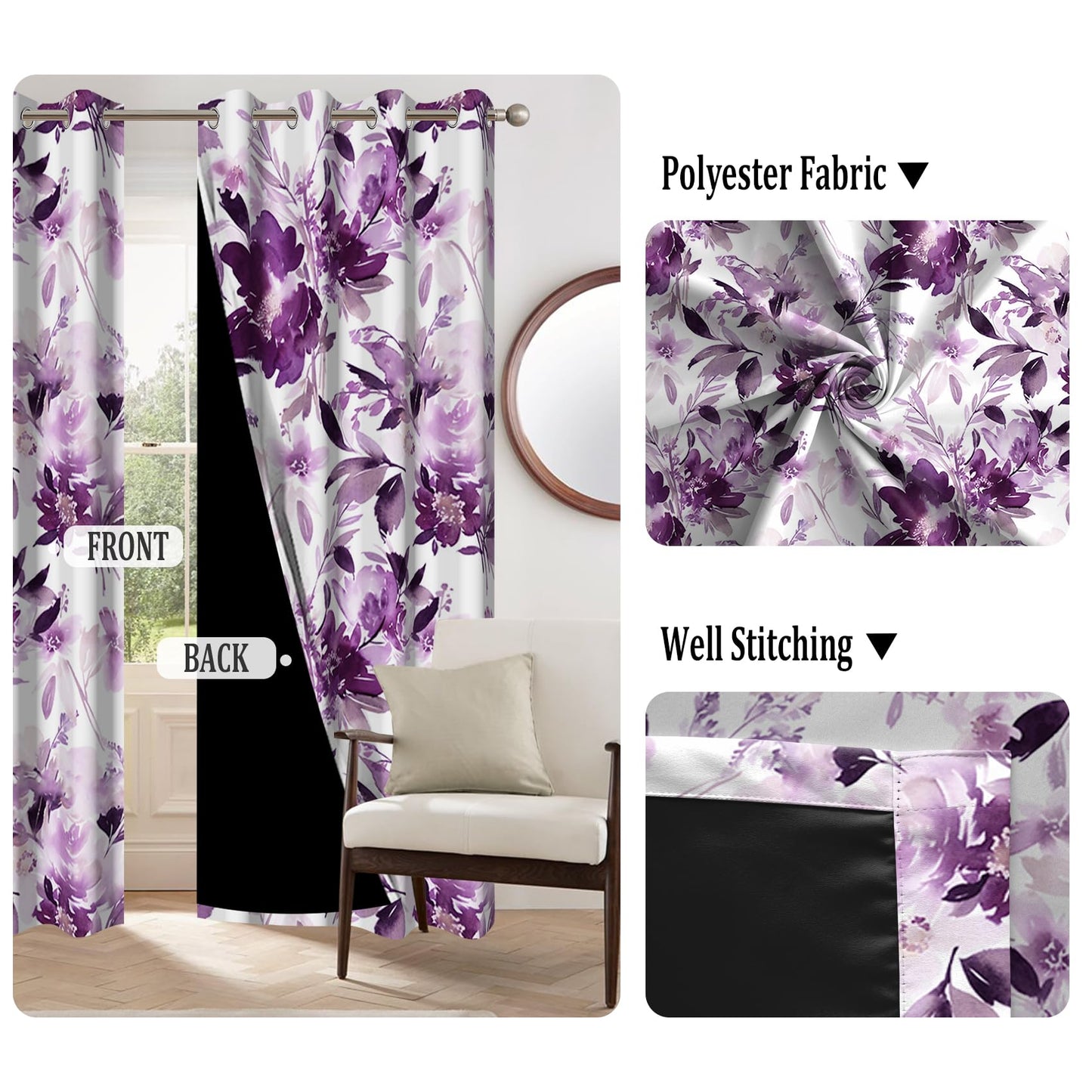 Renaiss Purples Floral Blackout Curtains for Bedroom Watercolor Flower Leaves Window Curtain Modern Abstract Ink Art Thermal Insulated Window Drapes for Living Room 2 Panels Set, 42x63 Inch