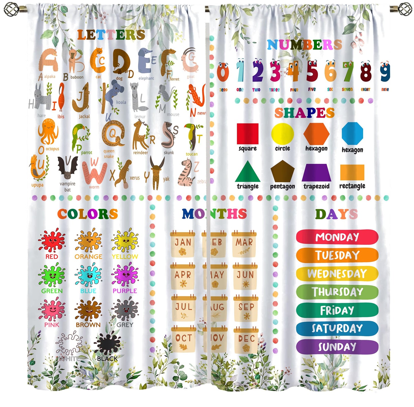 Kids Alphabets ABC Curtains,Cartoon Numeric Color Animal Nursery Eucalyptus Leaves Plant Funny School Education Window Drapes Print for Boys Girls Baby Children Toddler Bedroom 42x45in（No Blackout）