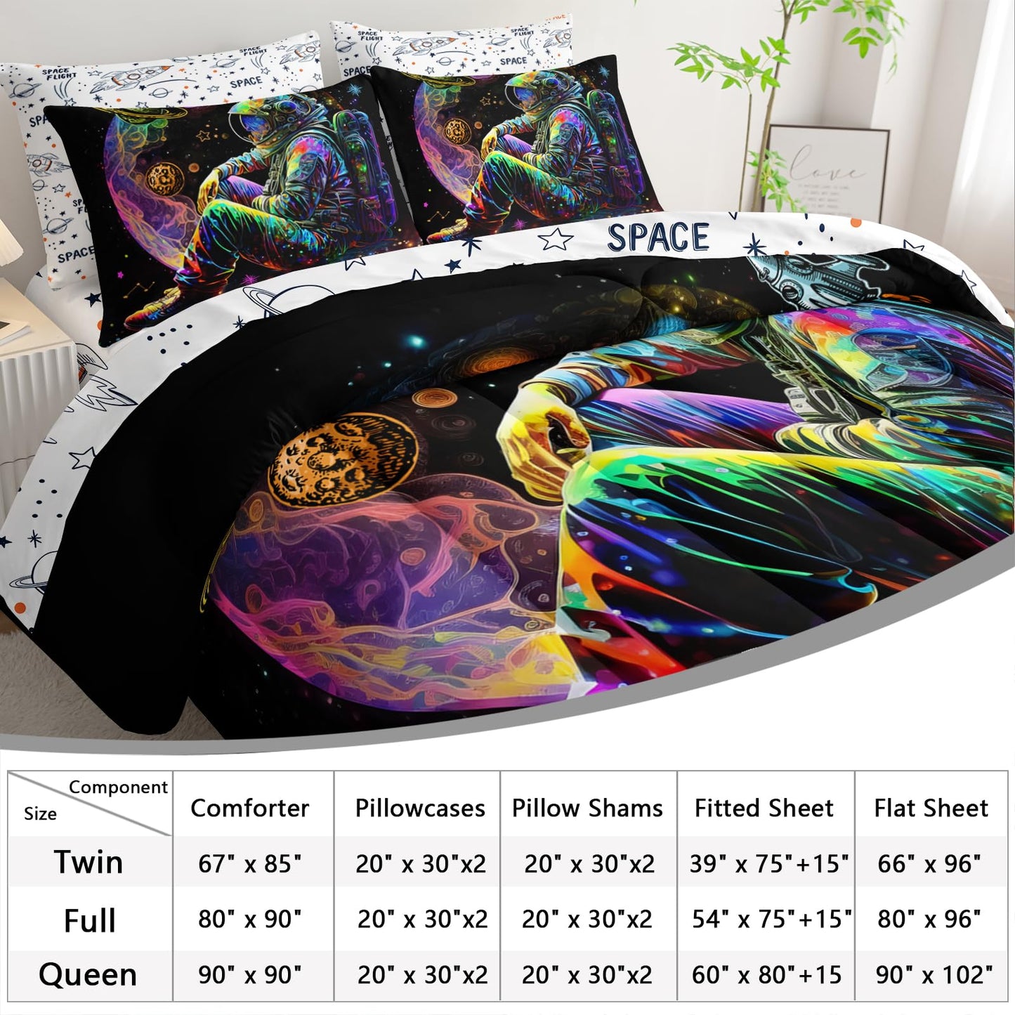 AILONEN Space Astronaut Comforter Set Full Size,7-Piece Soft Bed in a Bag,Glowing Rocket Planet Spacemen Print Comforter & Fitted Sheet & Flat Sheet & 2 Pillowcases,2 Pillow Shams