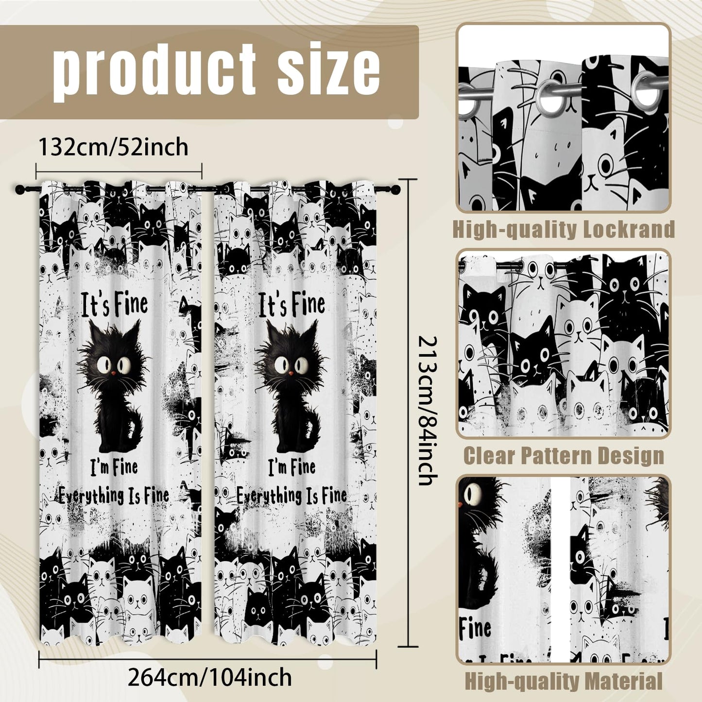 SIOQCKIS Cute Cat Curtains for Bedroom, Funny Black Cats Curtains for Windows, It's Fine Cat Kitchen Curtain Kitten, 52 x 84 Inch Long 2 Panels Gifts for Cats Lovers Window Decor Bathroom