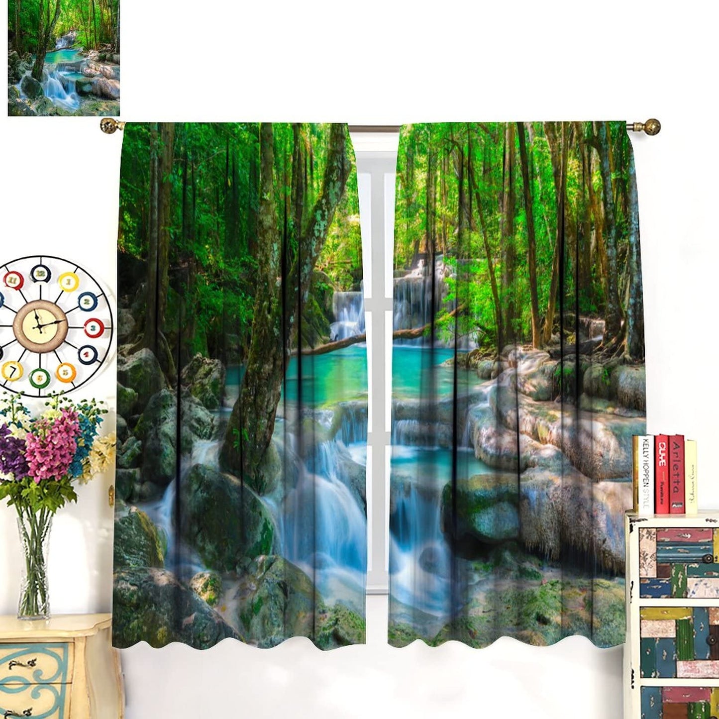 Waterfall Curtains, Spring Forest Nature Landscape Theme Pattern Print, Bedroom Living Room Blackout Curtains, 2 Panel Set, 42X45 Inch