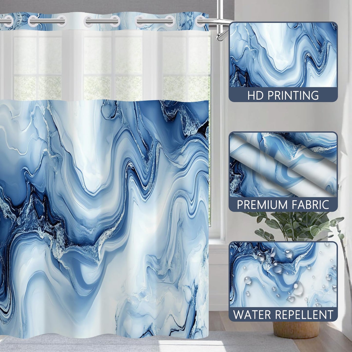 NAEMBCU No Hook Shower Curtain Set with Snap-in Liner 71x74 Inch