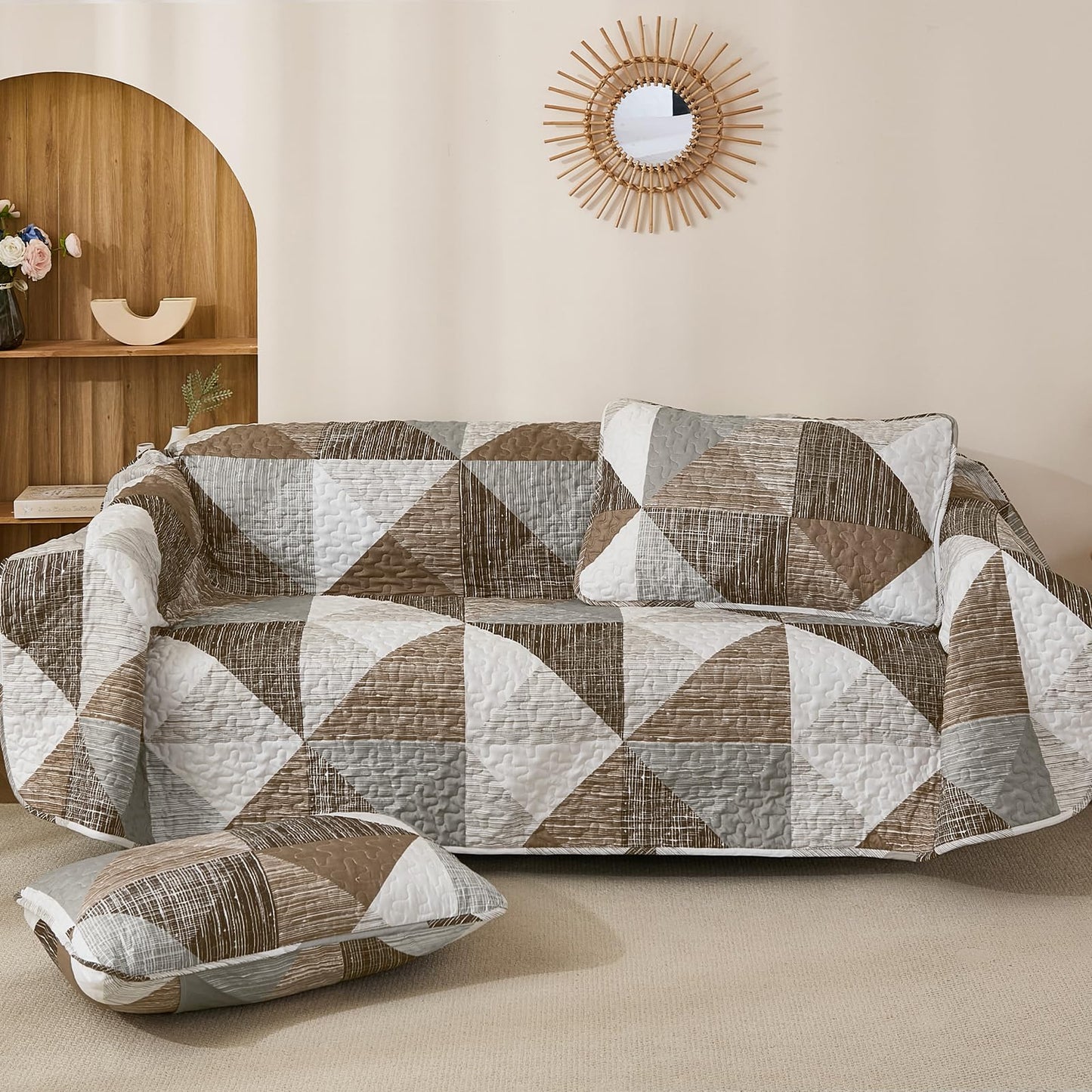 Dintszyayue Quilt Queen Size Brown, 3 Pieces Patchwork Bedspread Bedding for Queen Size Bed, Soft Lightweight Microfiber Geometric Coverlet Set for All Season Quilt with 2 Pillowcases
