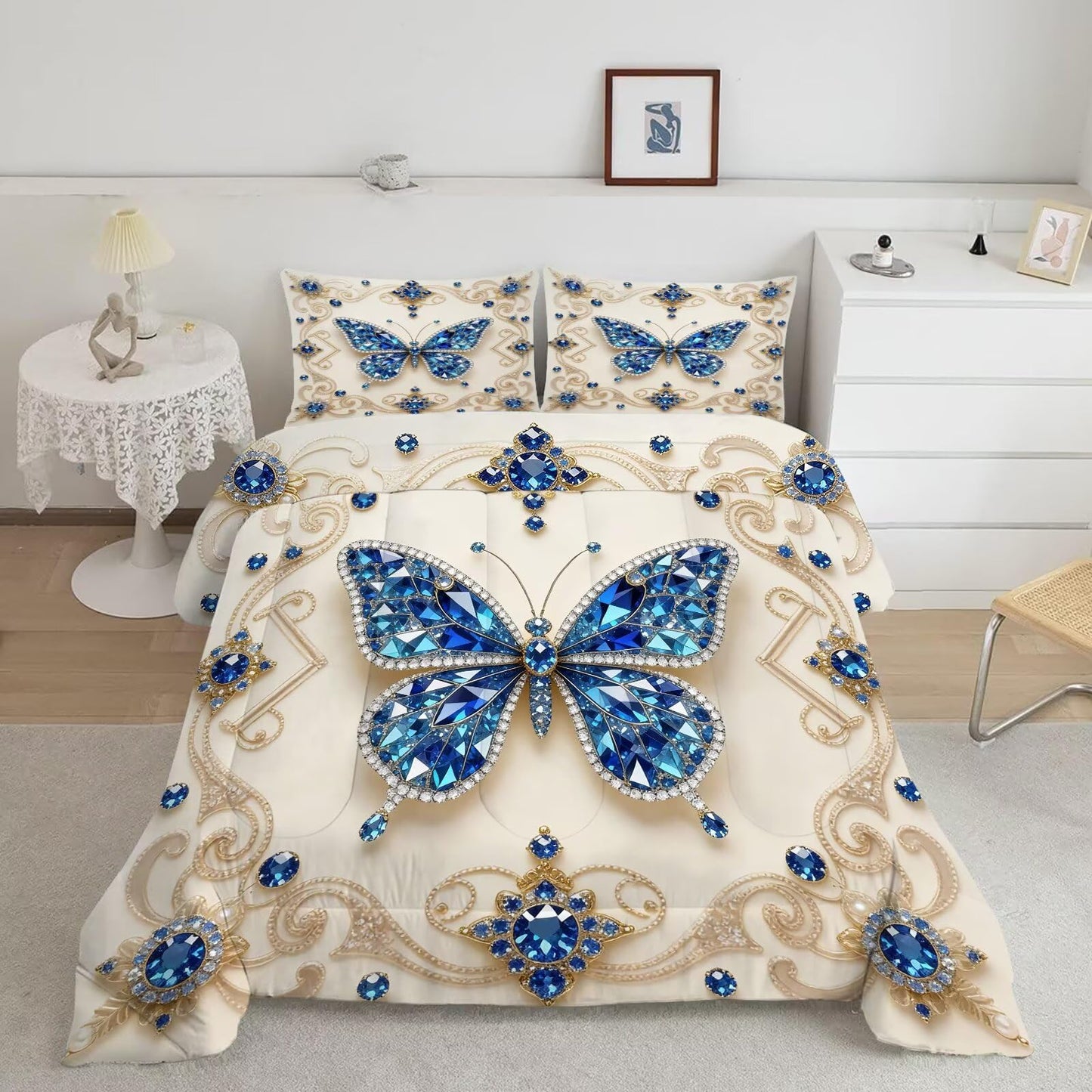 DJNEAR Butterfly Comforter Set Twin Size Blue Gold Bedding Sets for Girls Kids Teen Women Bedroom Diamond Butterflies Printed Quilt Room Decor 1 Comforter 1 Pillowcase