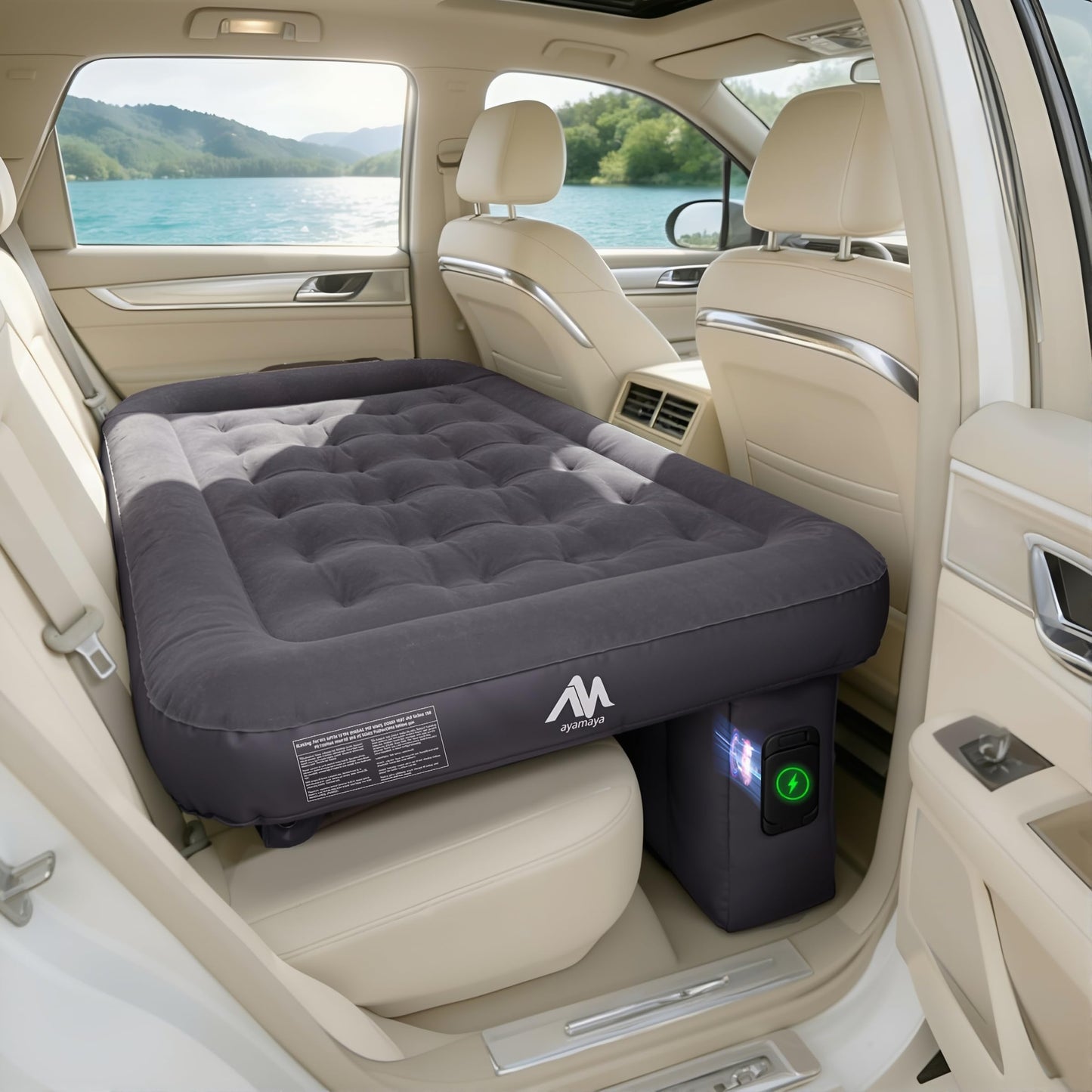 AYAMAYA Car Air Mattress Back Seat, Inflatable Car Bed with Built-in Cordless Rechargeable Air Pump for SUV, Sedan, All-in-One Car Mattress with Pillow & Support Column for Camping, Road Trip, Travel