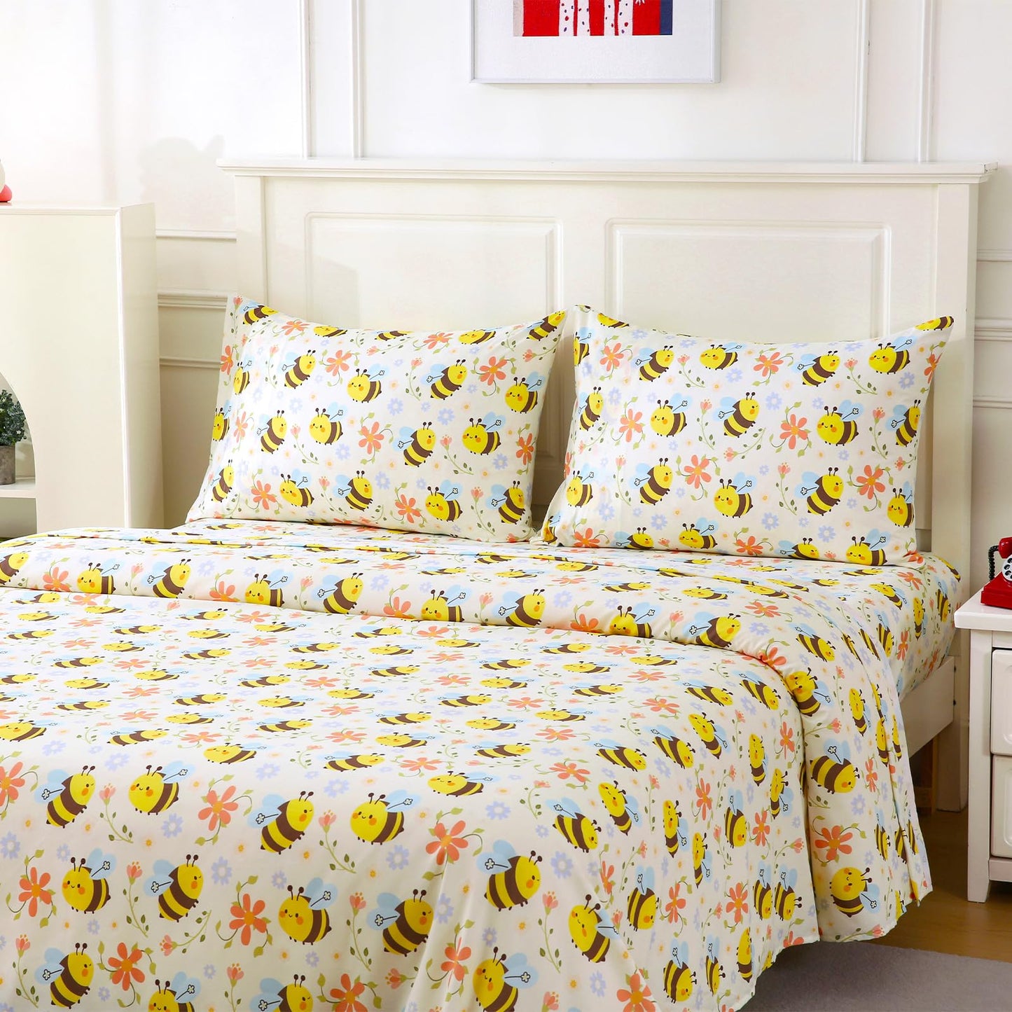 MCO Yellow Bee Twin Sheets Set Kids, Soft Microfiber Bed Sheet Set for Boy Girls, 3 Pieces Breathable Twin Sheets
