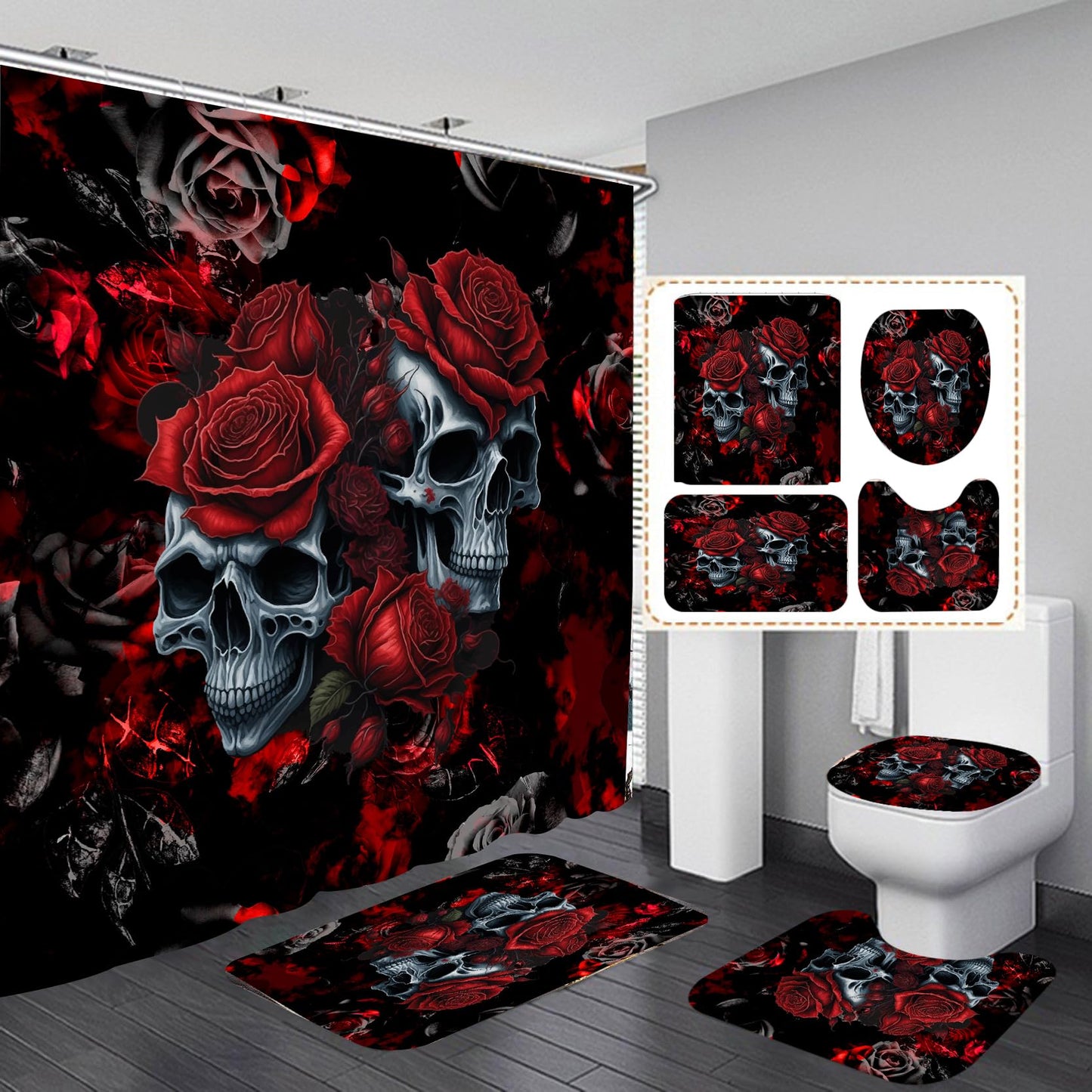 RinRinfam 4Pcs Skull Shower Curtain Set, Helloween Red Rose Skull Shower Curtain Set Non-Slip Rug,Toilet Lid Cover,U Shape Mat,Waterproof Bathroom Decor Sets with 12 Hooks,Red Black