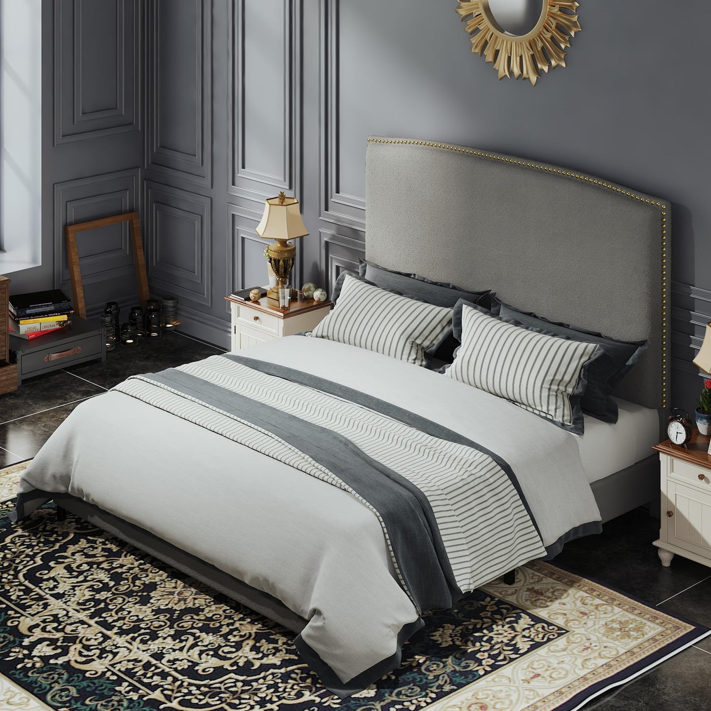 BarnFurin Queen Size Chenille Bed Frame with 56" Tall Headboard, Upholstered Platform Bed with Nailhead Trim Headboard, Soft Boucle Fabric, No Box Spring Required, Easy Assembly, Grey