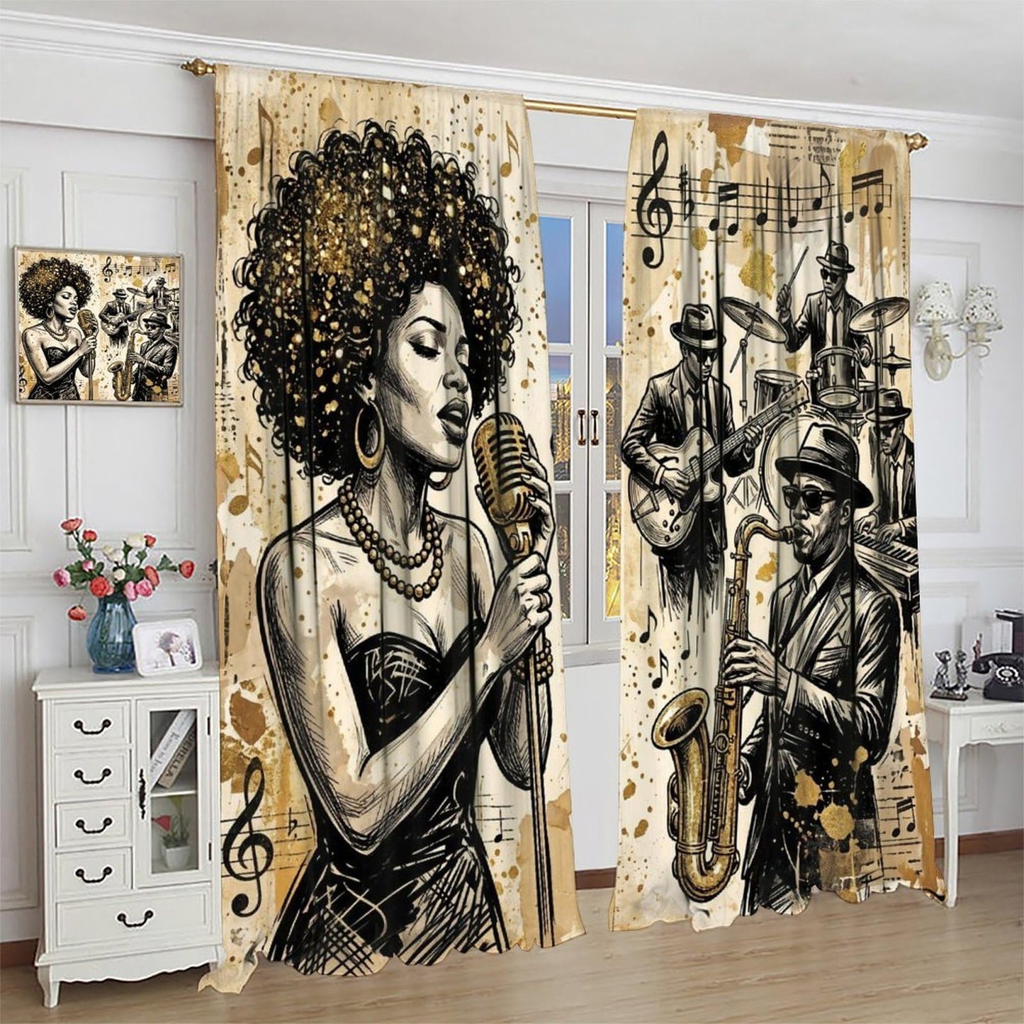 PHTAYOT American Woman Jazz Music Curtains African Black Girl Singing Jazzist Band Black Gold Modern Art Pattern Decor Window Drapes for Bedroom Living Room,2 Panels Set,42x45Inch