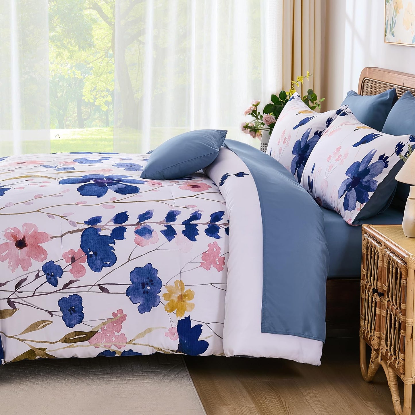 Anibedding Blue Floral Comforter Set Queen Size, 8 Piece Botanical Flower Bed in a Bag, Reversible Design Comforter Soft Microfiber Complete Bedding Sets for All Season (Blue, 90"x90")