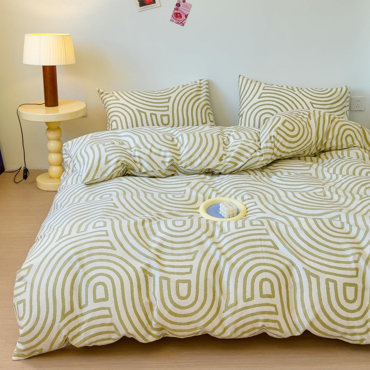 LIWHENHAO Abstract Duvet Cover Set Queen 100% Cotton Bedding Yellow Green Curve on White 1 Striped Geometric Comforter Cover Full 2 Pillowcases for Kids Girls Boys Woman