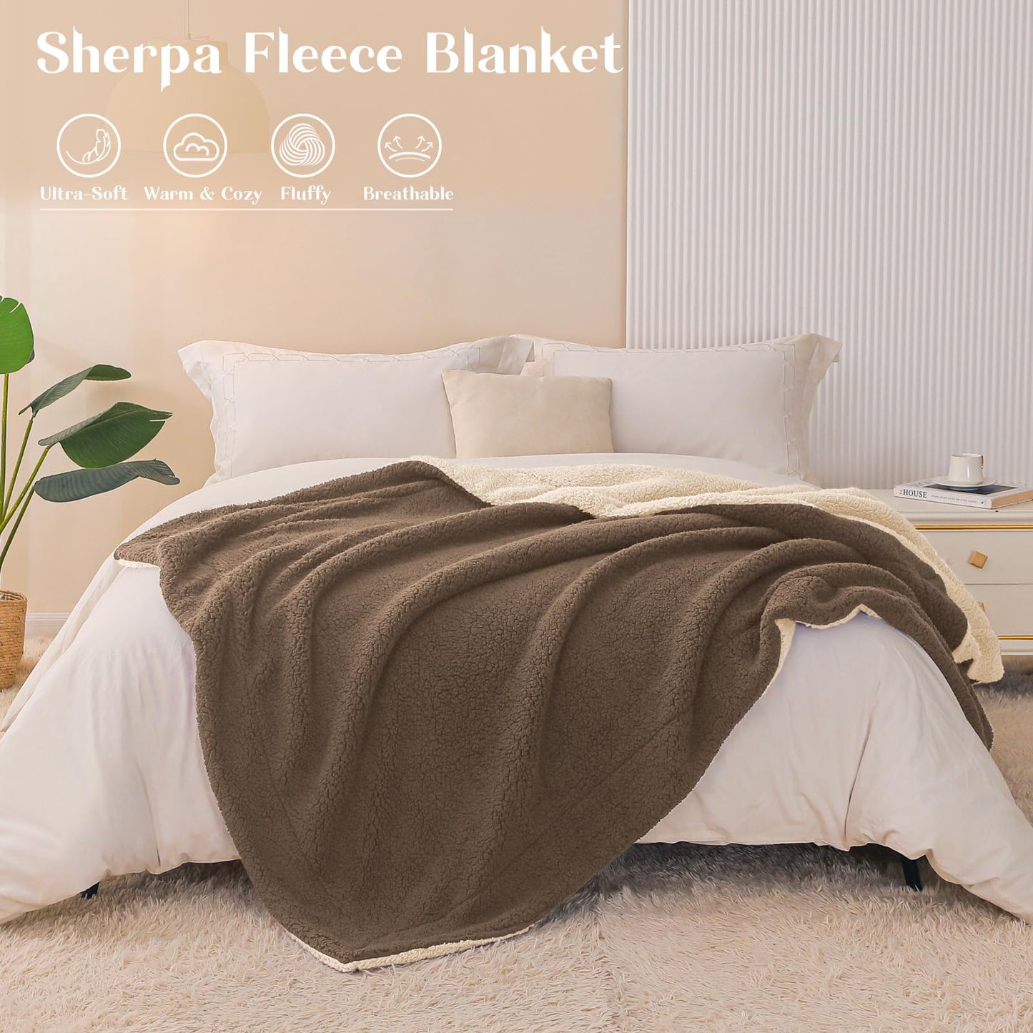 Exclusivo Mezcla Reversible Sherpa Throw Blanket for Couch, Thick and Warm Fleece Blankets for Winter, Soft Plush Fluffy, 50x60 Inches, Brown/Khaki