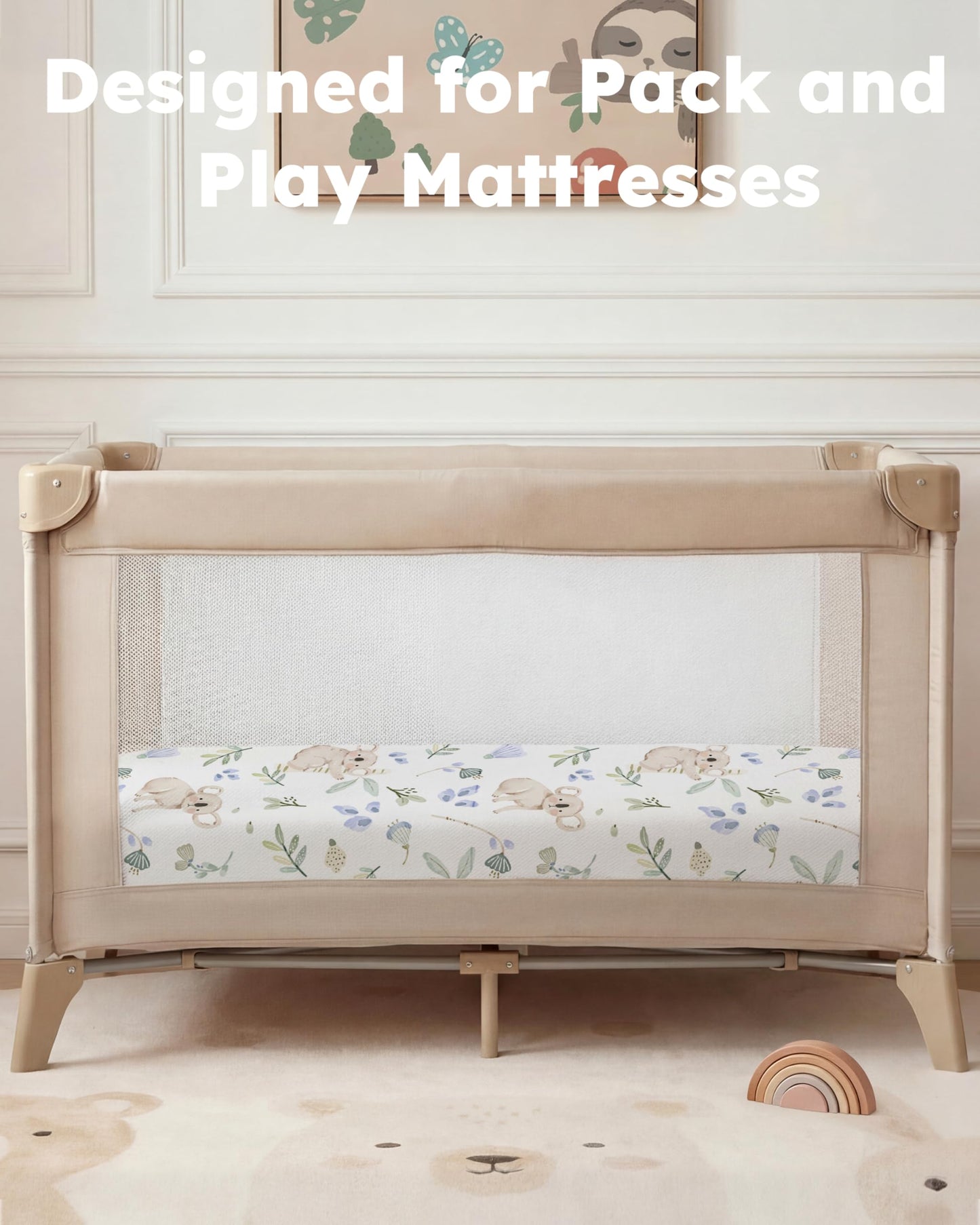 Nyessmee Pack and Play Sheets for Boys Girls, 38" x 26" Mini Crib Sheets Fitted for Pack n Play Mattress, Soft Breathable Playard Sheets, 2-Pack Green Koala