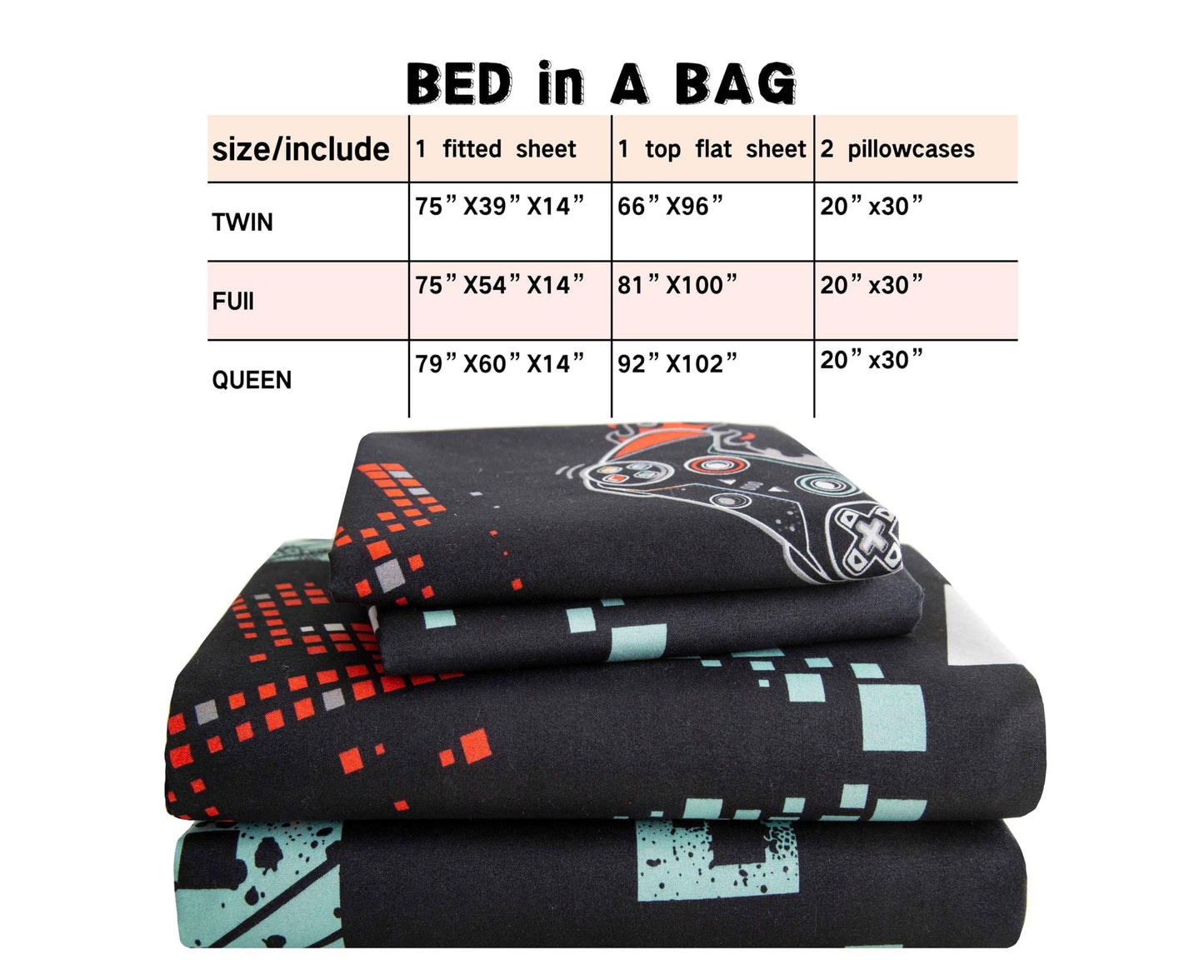 SDY 4 Pieces Gaming Bed Sheet Full,Super Cute Soft Game Console Bedding Sheet Sets for Boys, Girls, Kids and Toddler, Bed in A Bag with 1 Fitted Sheet+ 1 Top Flat Sheet + 2 Pillowcases