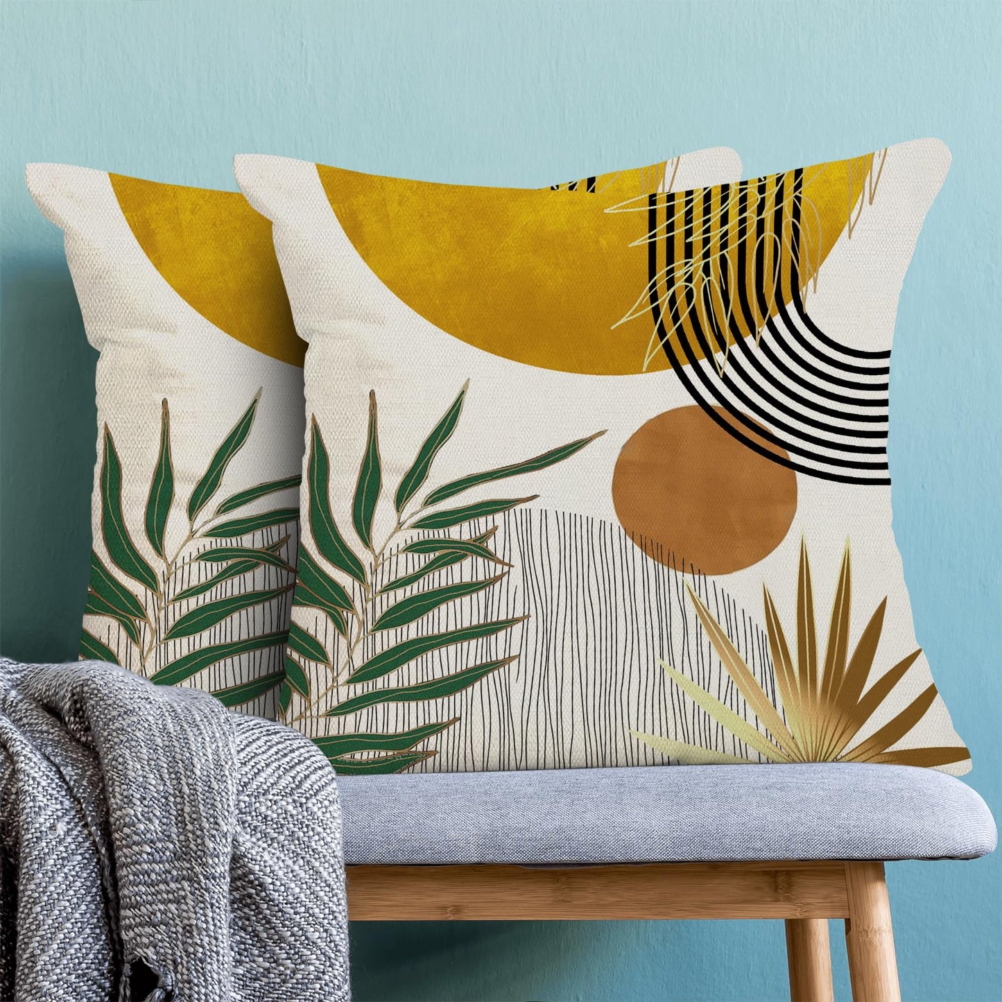Boho Pillow Covers 16x16 Inch 2 Pcs,Mustard Yellow Green Tropical Leaf Summer Outdoor Decorative Throw Pillows,Mid Century Abstract Farmhouse Decor Pillowcase Linen Cushion Cover for Couch Sofa