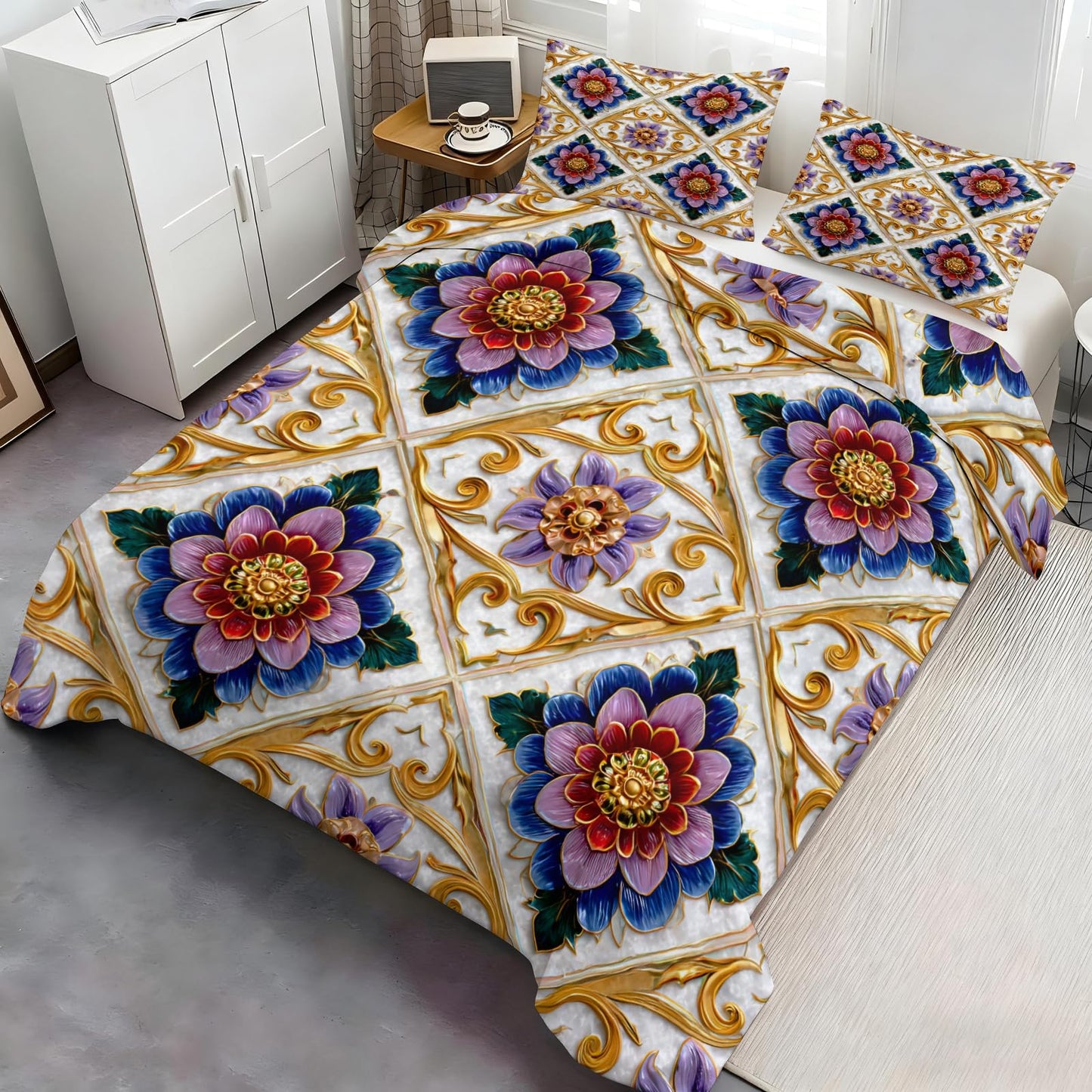 ZAMODE Floral Duvet Cover 120" x 98", Vintage Exotic Flower Bedding Set, Luxury Flowers Comforter Cover with Zipper Ties