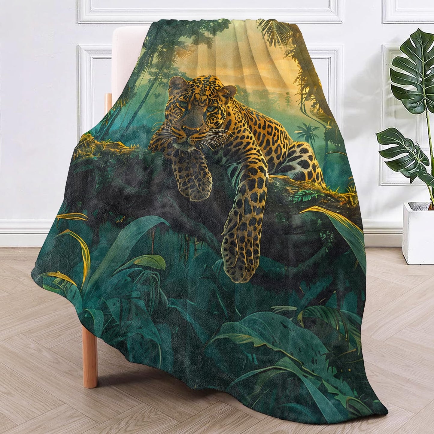 TRYYN Jungle Leopard Adventure Throw Blanket for Couch Outdoor Camping Bedroom Decor, Nature Wildlife and Forest, Super Soft Cozy Warm Fluffy Fleece Blankets Gifts for Kids Adults, 60x50 Inch