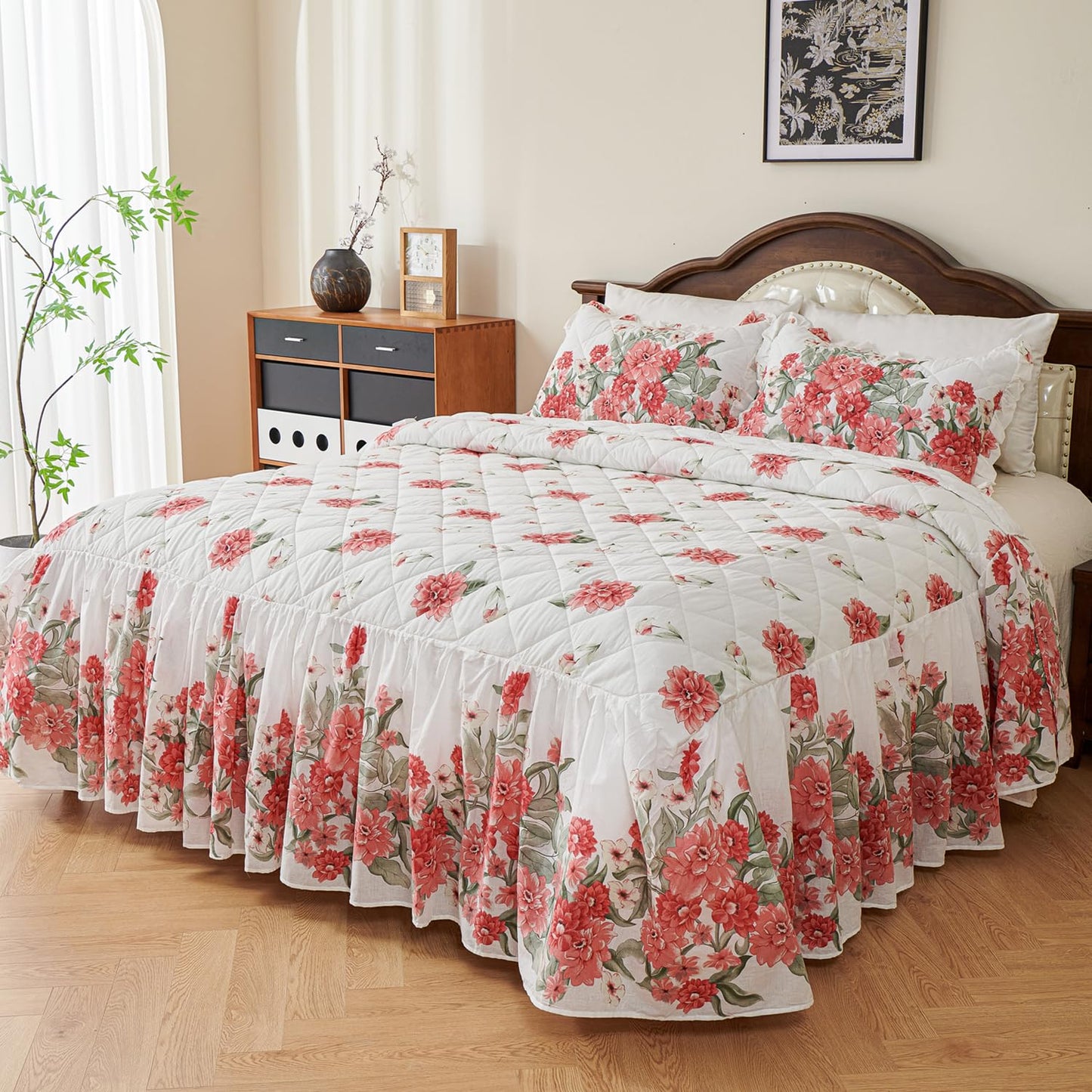 EVENHUG Ruffle Skirt Queen Size Bedspread Set Red Floral 100% Cotton Quilt Bedding Sets with Pillow Shams Lightweight Soft Coverlet Bed Spreads Sets 3 Piece (Queen, 60"x80")