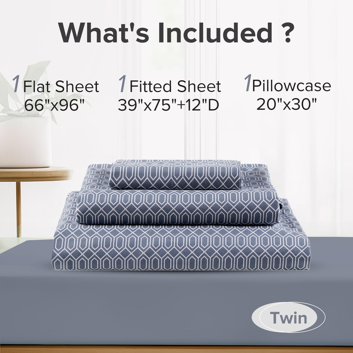 Comfort Spaces 100% Cotton Sheets Twin, Breathable, Naturally Cool Cotton Sheets, Soft Cotton Bed Sheets with 14" Elastic Pocket Fits up to 16" Mattress, All Seasons Sheet Set, Diamond Blue 3 Piece