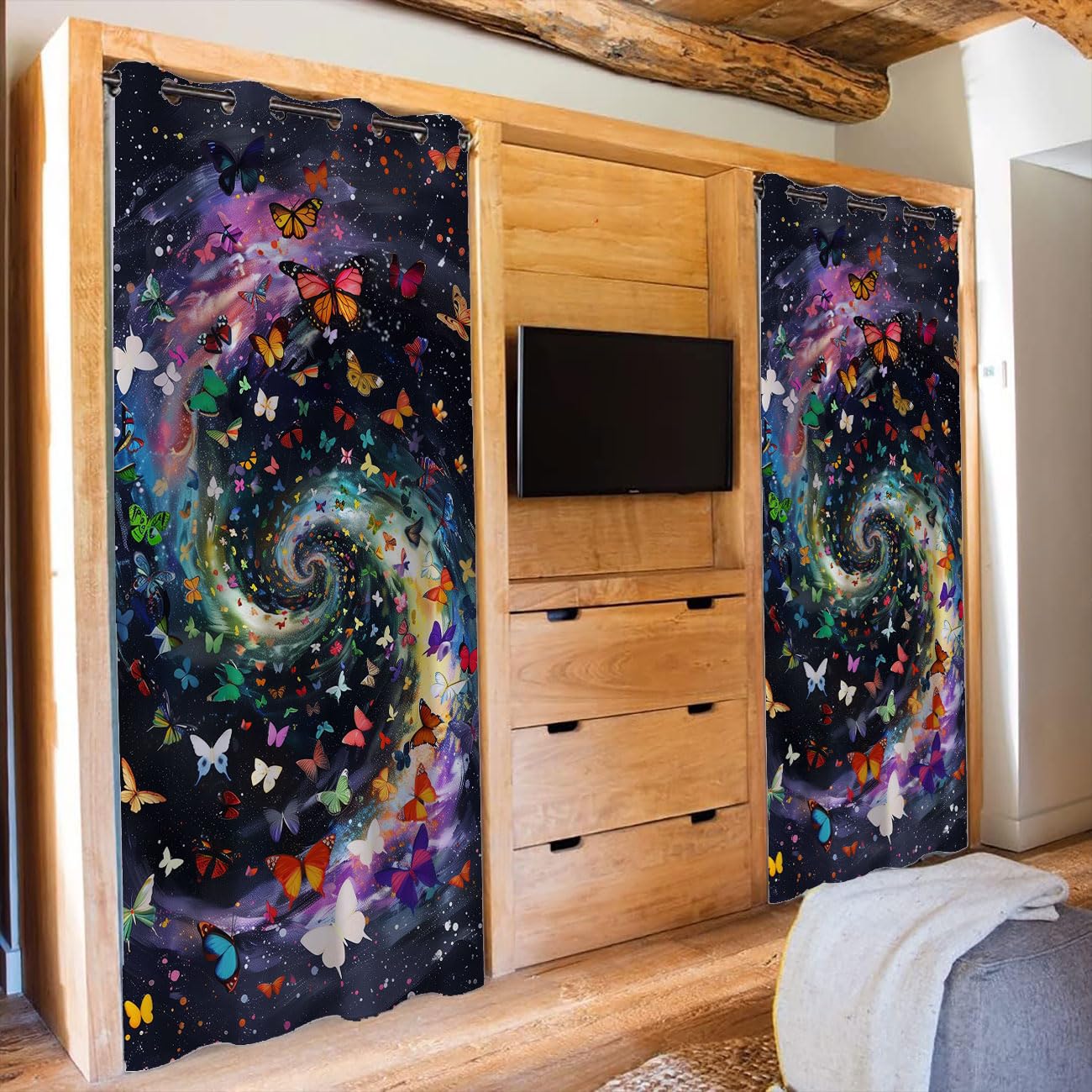 Chaohuan Colorful Butterfly Door Curtain, Space Galaxy Swirl Starry Sky Closet Door Cover Curtain for Kids Boys Girls Teens Bedroom Living Room 1 Panel 34" W X 80" L