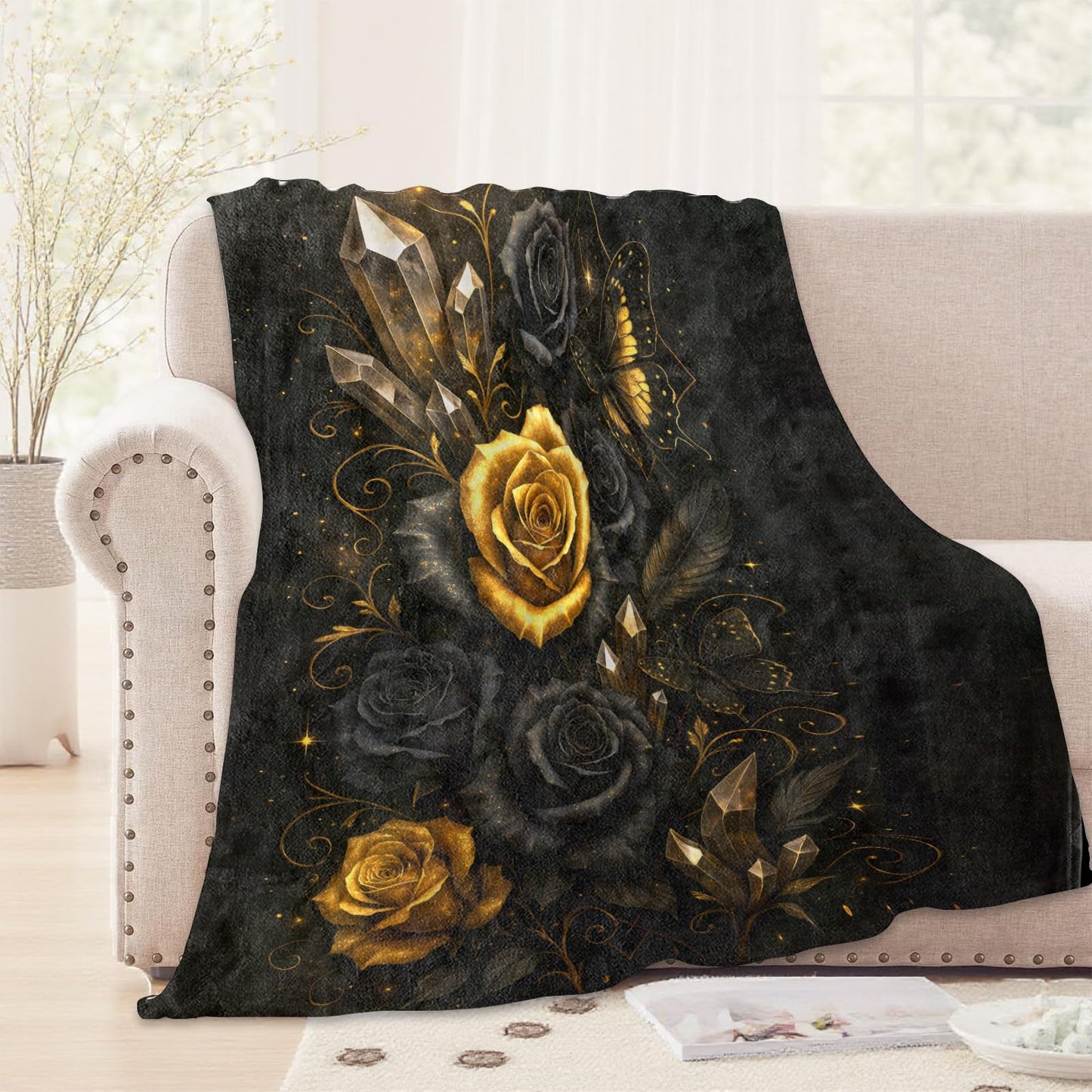 WKEDIN Gothic Black and Gold Rose Blanket,50x60in,Cozy Flannel Throw with Elegant Dark Floral Crystals and Butterfly Design,Soft Lightweight Gifts Blankets for Girls Women,Sofa Bed Travel Decor