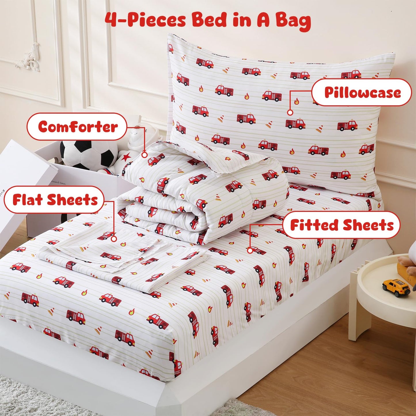 LONAVA Toddler Kids Comforter Set - 4 Pieces Toddler Bedding Sets for Boys Girls Children, Ultra Soft Microfiber Bed in A Bag with Flat Fitted Sheets, Fire Truck