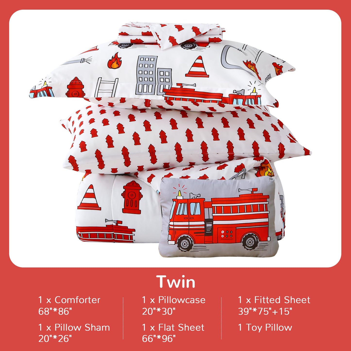Mooreeke Kids Twin Comforter Sets for Boys 6 Pieces Fire Truck White Bedding Set for Teens Soft Microfiber Kids Bed in A Bag with Comforter, Sheet Set, Shams and Decorative Toy Pillow All Season