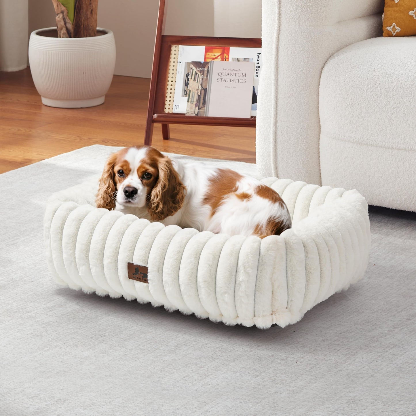 Warmrest Washable Dog Bed for Small Medium Dogs - Rectangle Orthopedic Corduroy Fleece Pet Bed with Removable Cover and Nonskid Bottom, Calming Puppy Bed Soft Pet Sofa, Cream(25x21x7inchs)