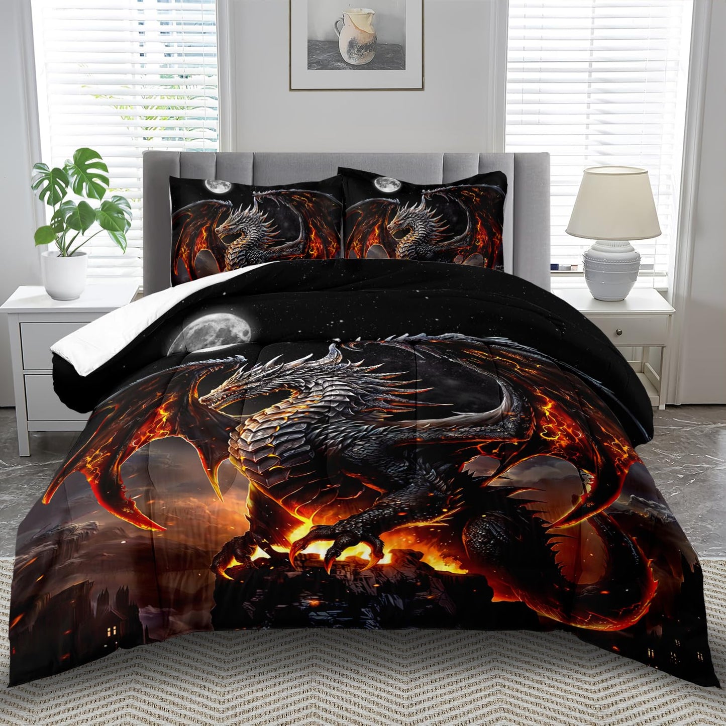 llyxsesty Black Dragon Comforter Set King Adult,Flame Dragon Bedding Set for Boys,Magical Beast Bedding Fantasy Animal Comforter Beedroom Decor,Magical Beast Quilt Bed Decor