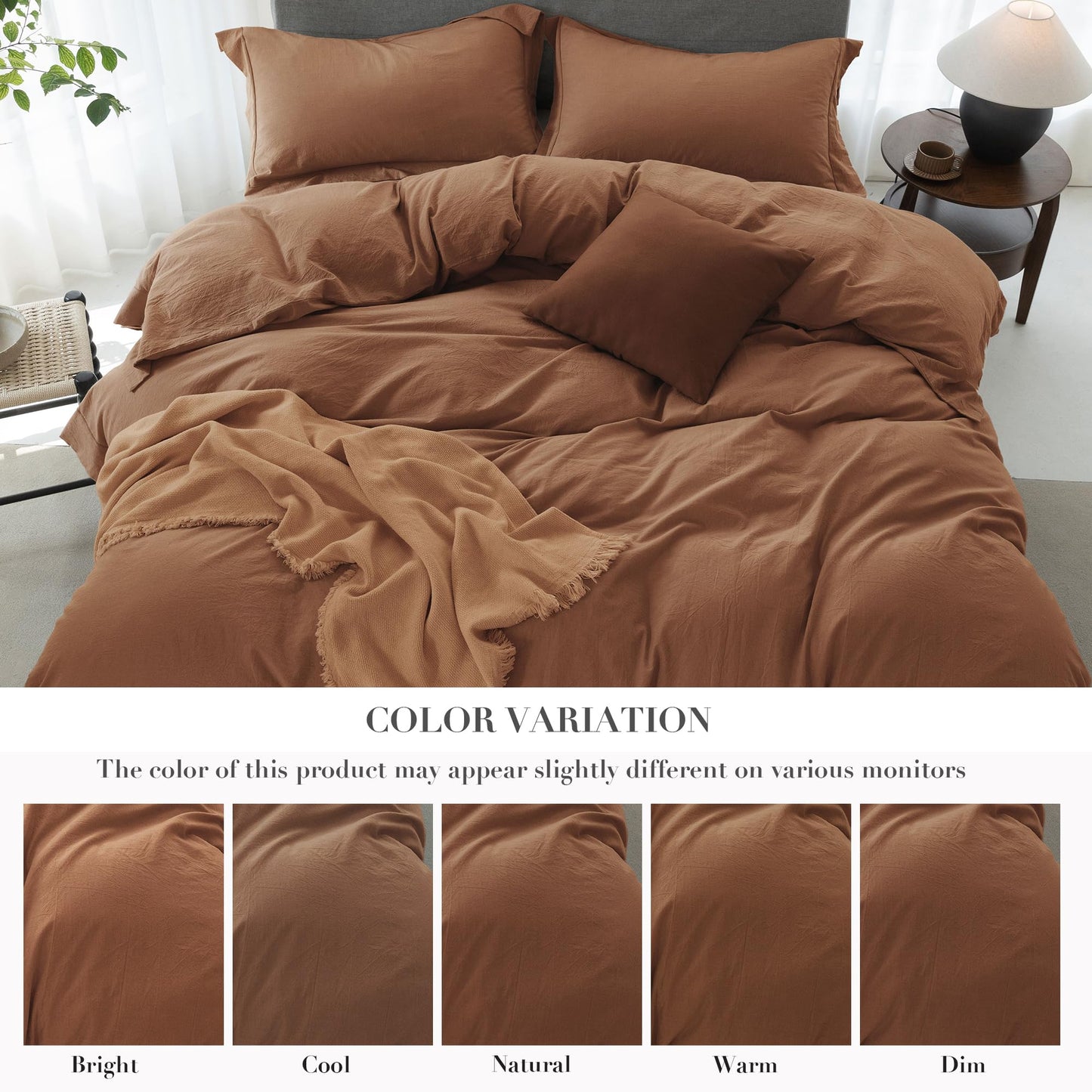 ELIMMO Queen Duvet Cover - 3 Piece 100% Washed Cotton Linen Feel Bedding Set, All Season Breathable Cozy, Double Stitched Hem, Hemmed Dark Orange,90"x90"