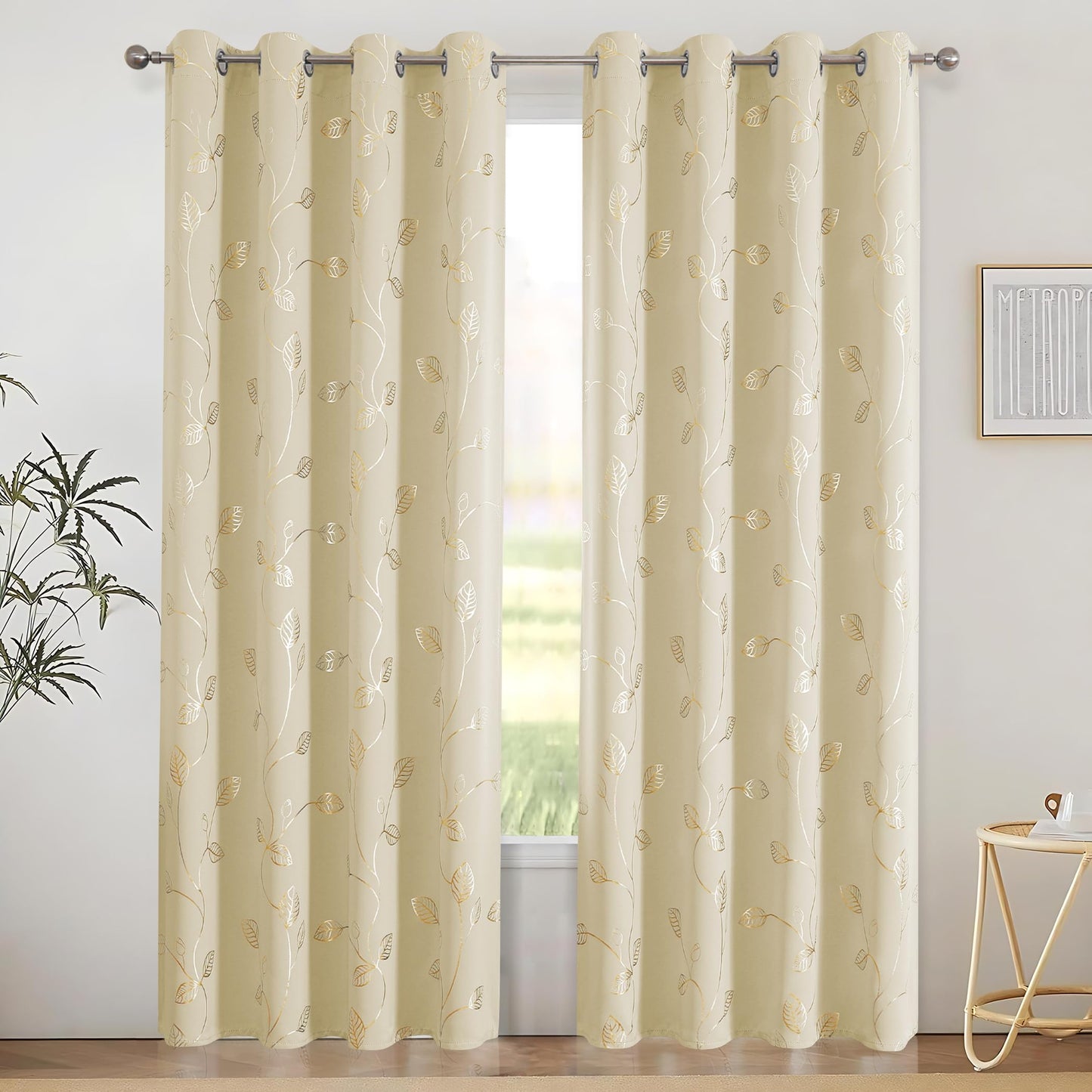 BUHUA Heat Blocking Curtains, Black Out Curtains 63 Inch Long 2 Panels Burg, Soundproof Curtains with Gold Leaf Printed (52 x 63 Inch, Beige, Set of 2 Panels)