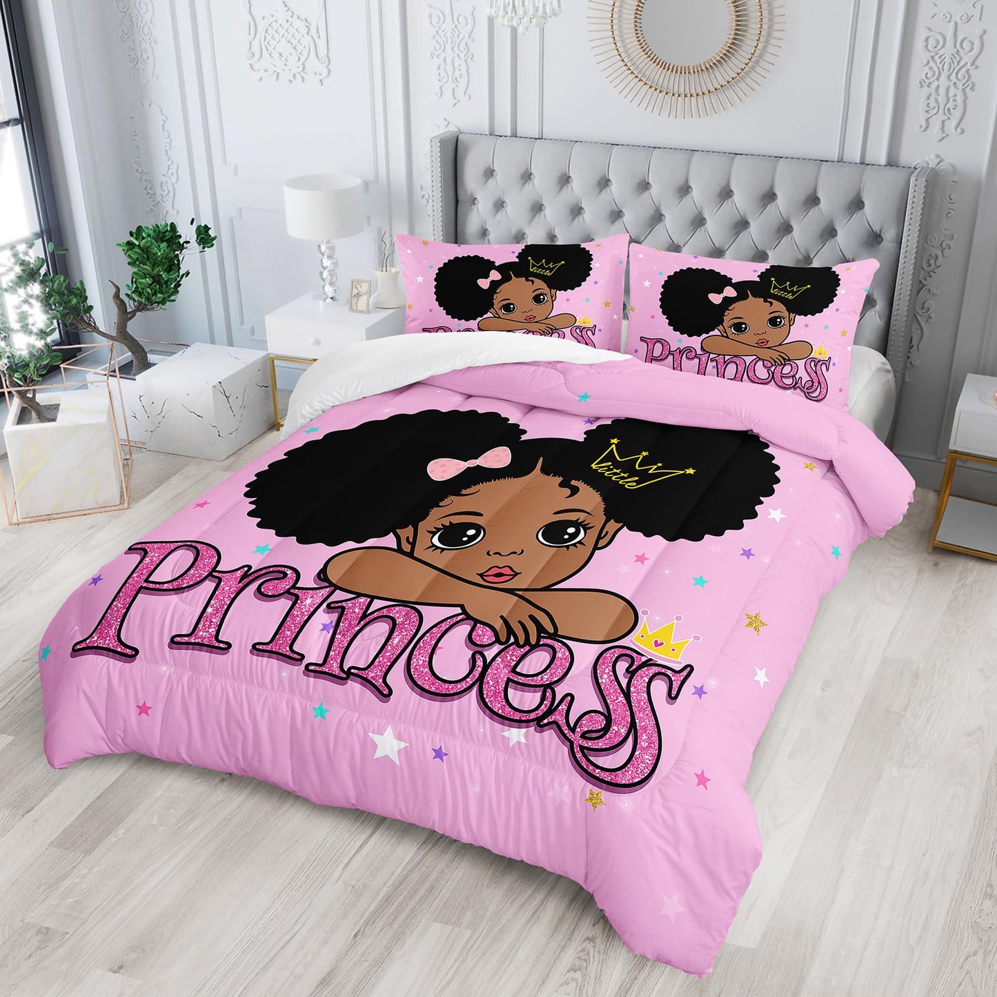 Tuzaovy Queen Size Bedding Sets for Girls - Pink and Black Comforter Set, Kawaii Paris Bedroom Comforter