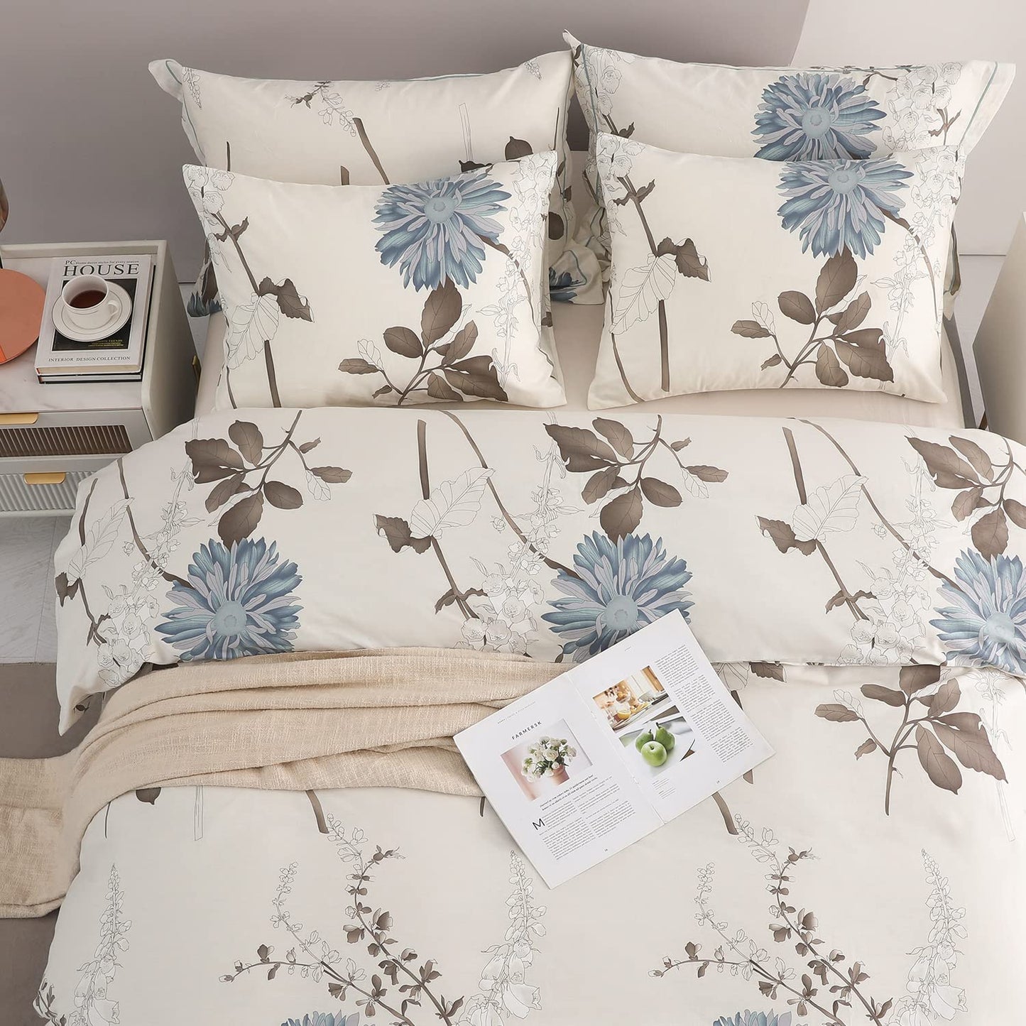 SLEEPBELLA Comforter King Size, 600 Thread Count Cotton Brown Branches and Blue Flowers Off-White Comforter Sets, Down Alternative Bedding Set 3Pcs(King, Off-White Botanical)