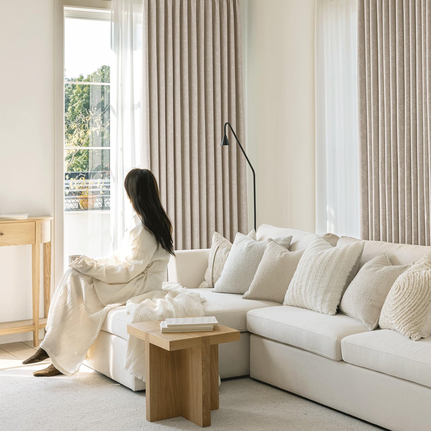 Beauoop Beige Floral Jacquard Blackout Curtains 84 Inches Long 2 Panels for Living Room Bedroom Chenille Flower Room Darkening Thermal Insulated Soundproof Grommet Window Drapes, 52x84 Set of 2