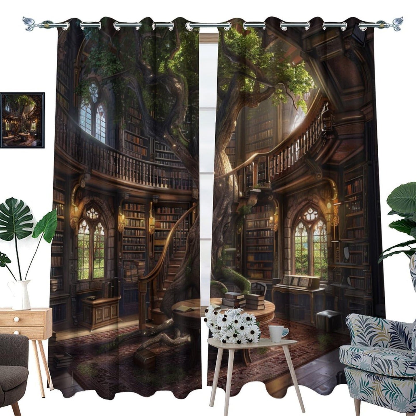 HDESDIS Retro Library Fantasy Grommet Blackout Curtains for Bedroom, Abstract Tree Plant Classic Bookshelf Thermal Insulated Curtains Room Darkening Window Drapes, 21W x 45L, 2 Panels