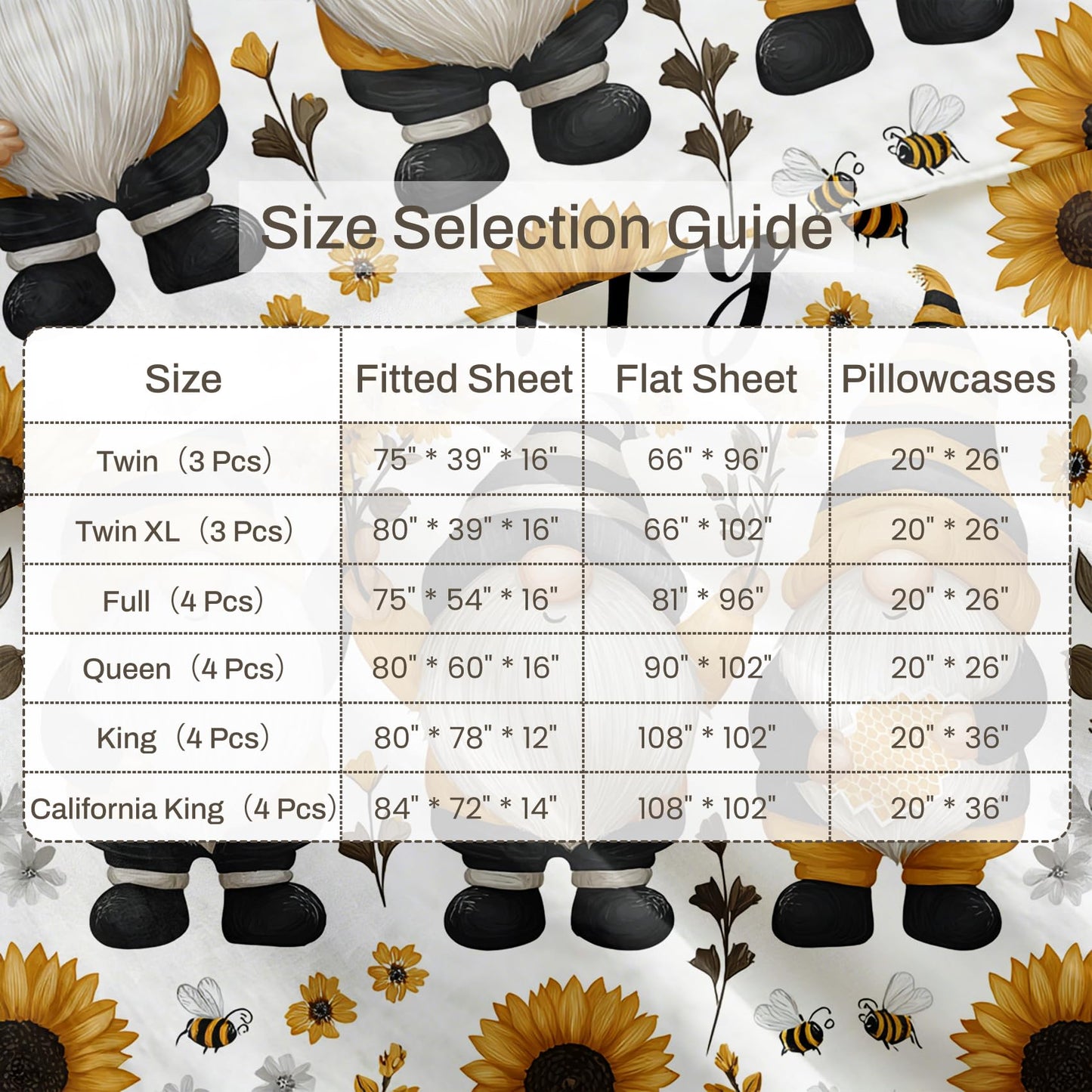 Gnome Bee Sheet Set, 3 Pcs Twin Size Kids Happy Bed Sheets, Yellow