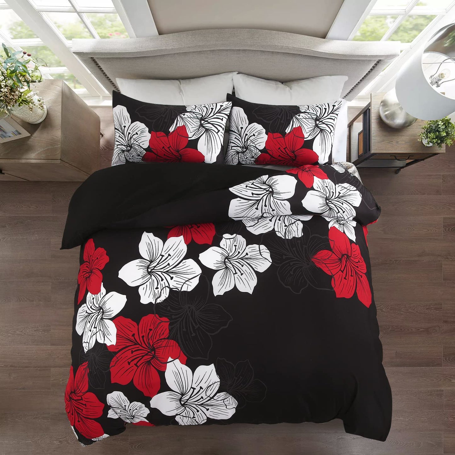 Menghomeus Black Comforter Set Queen Red and White Floral Comforter with 2 Pillowcases Modern Bedding Sets Lightweight Bed Set for All Season