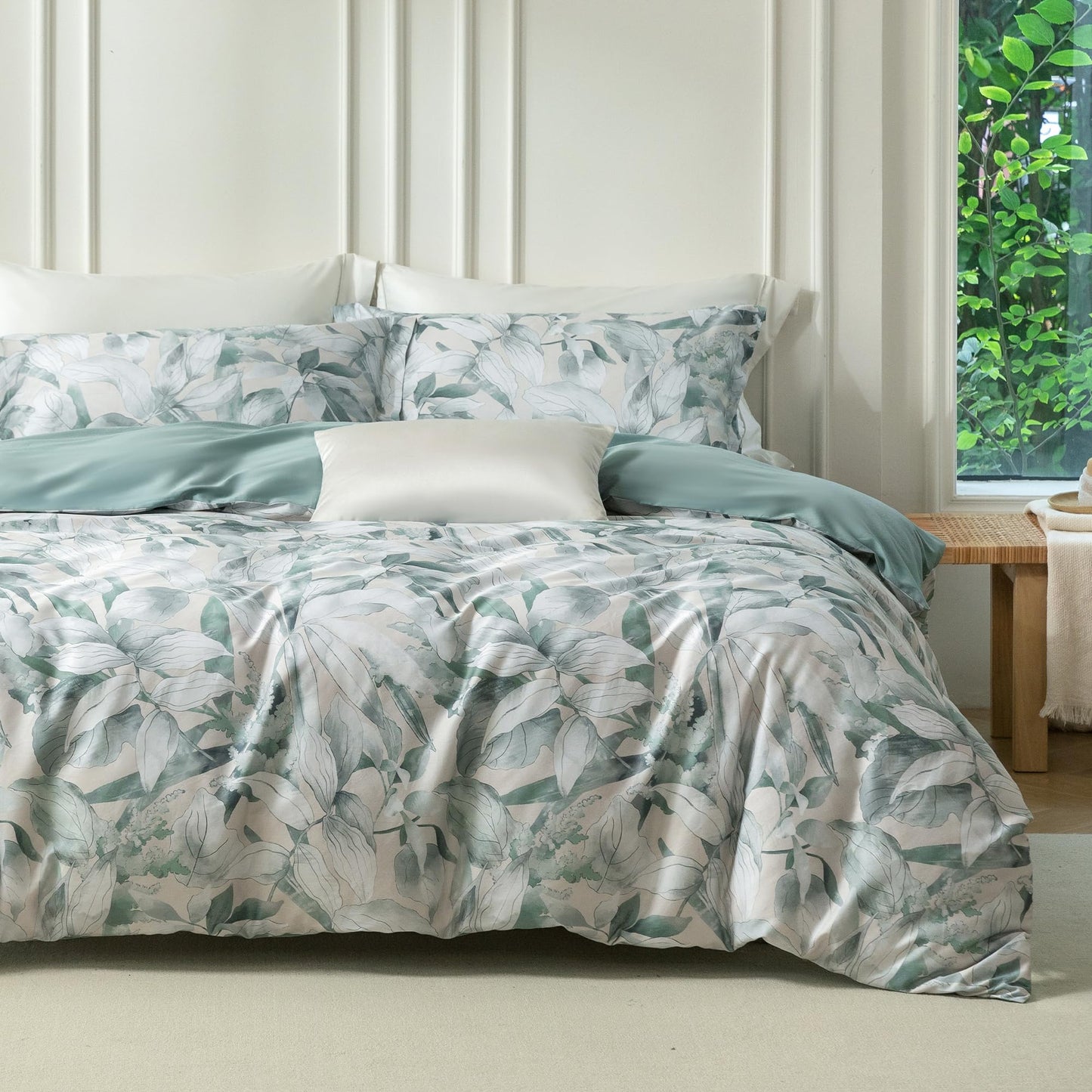 MILDLY Queen Duvet Cover Set - 100% Long-Staple Cotton Sage Green Leaves Patten Reversible Comforter Cover - 3Pcs Soft Breathable Luxury Bedding for All Season