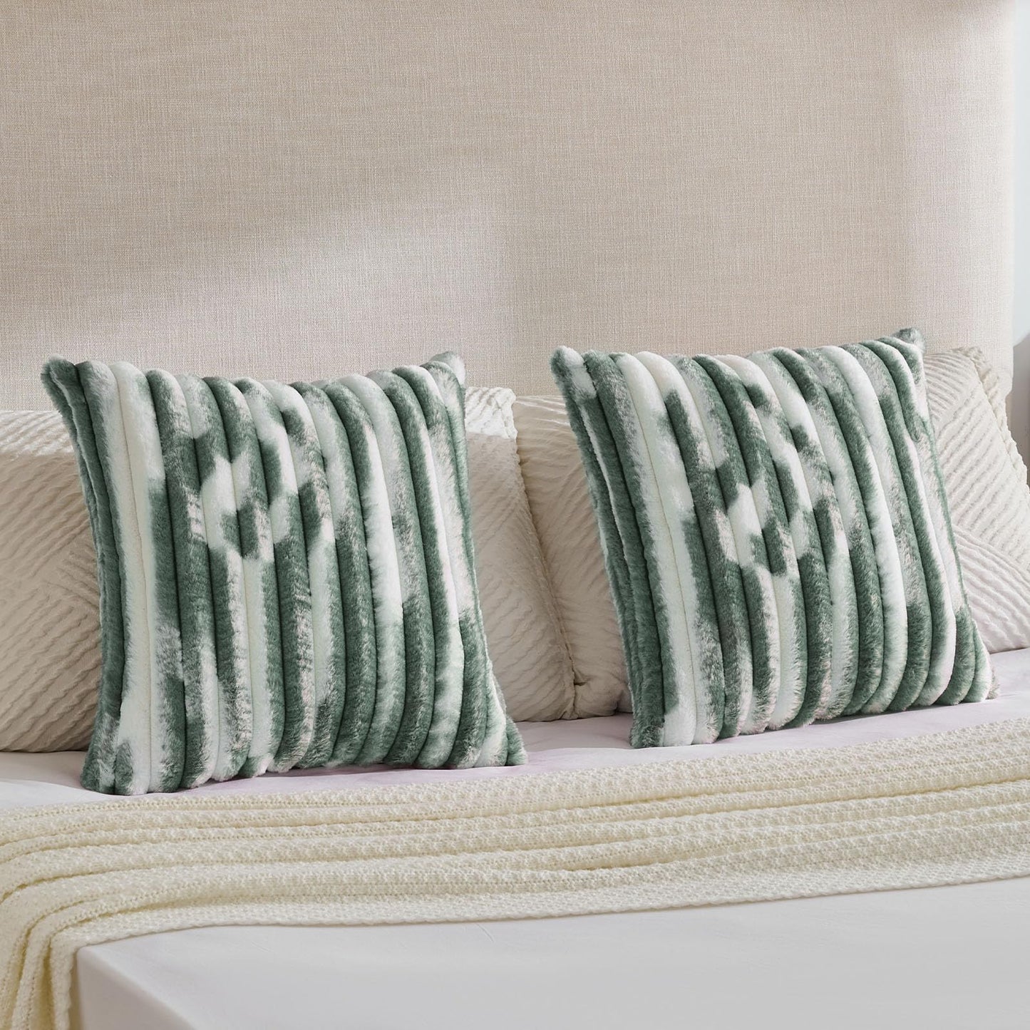 FUTEI Pack of 2 Faux Fur Plush Throw Pillow Covers 18x18 Inch Soft Tie Dye Striped Textured Farmhouse Decorative Cushion Covers Modern Home Decor for Couch Bed Living Room, Dark Green White