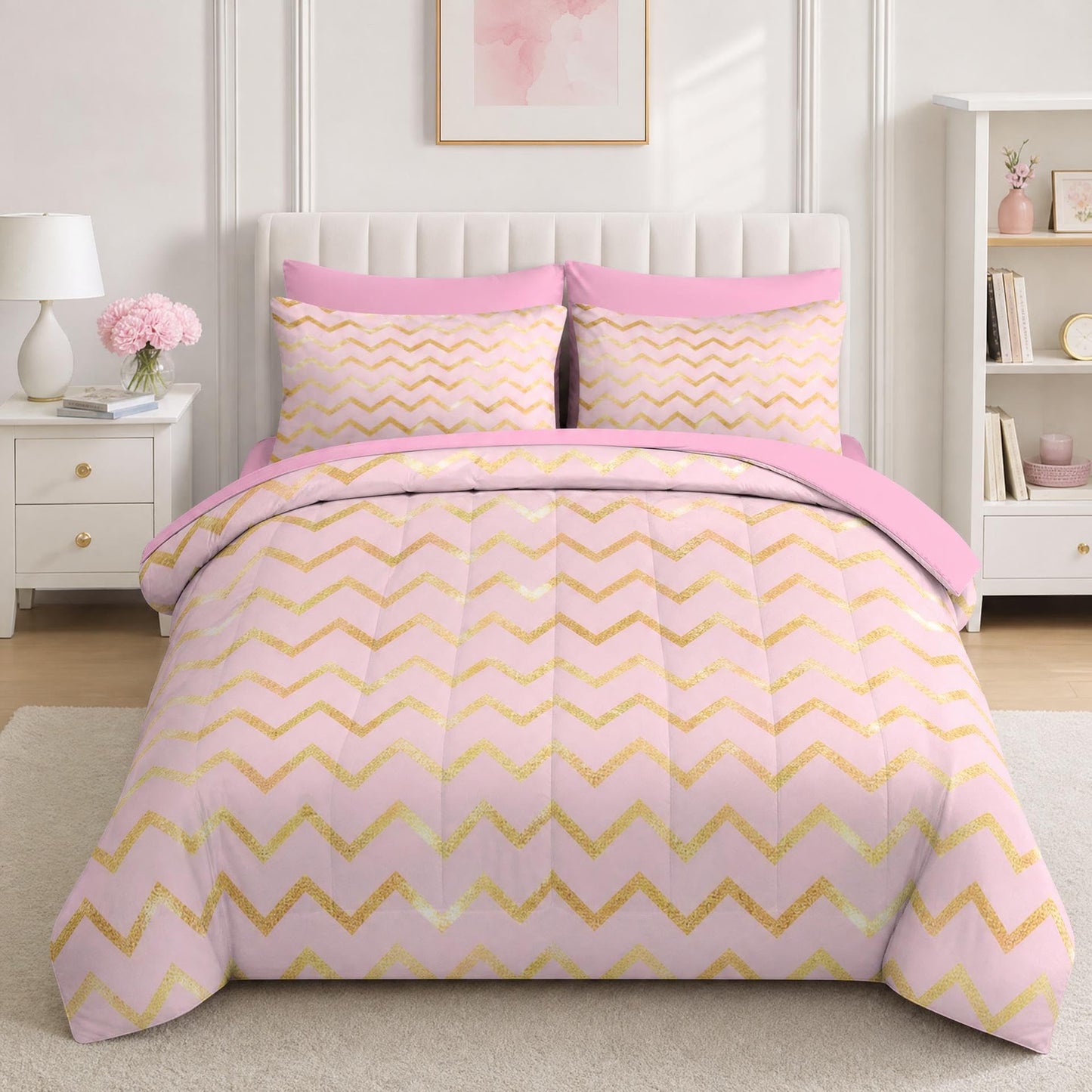 Boewywh Comforter Set Twin Size Gold Pink Glitter 7 Pcs, Bedding for Kids and Adults, Bed Sheet Sets with Fitted Sheet 2 Pillowcases & 2 Shams for Bedroom Bed Decor