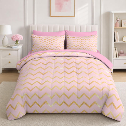 Boewywh Comforter Set Twin Size Gold Pink Glitter 7 Pcs, Bedding for Kids and Adults, Bed Sheet Sets with Fitted Sheet 2 Pillowcases & 2 Shams for Bedroom Bed Decor