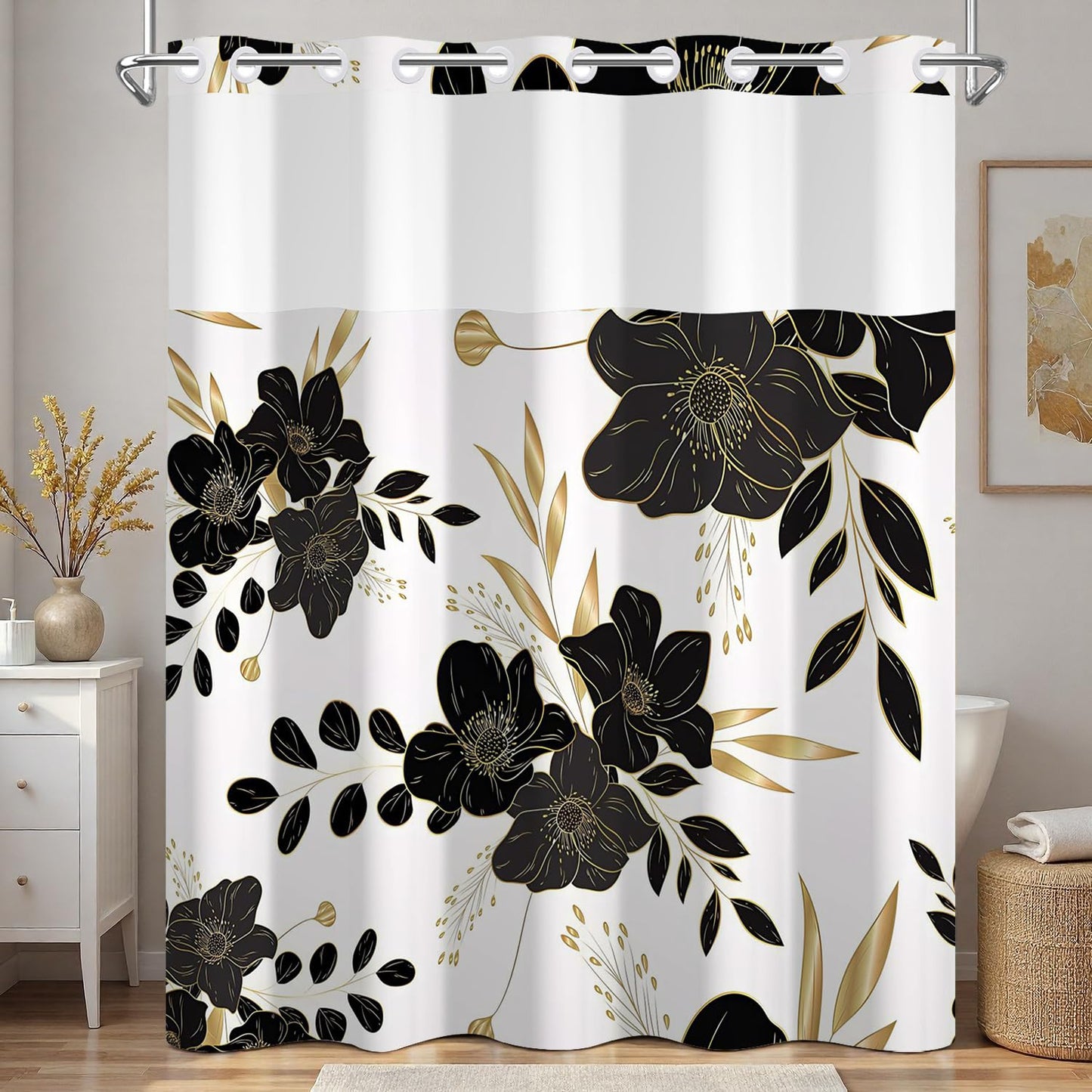 Xiazhilaio No Hook Black & Gold Floral Shower Curtain with Snap in Liner - 71″W x 74″L Waterproof Fabric with Mesh Top Window, Dark Flower Printed Bath Tub Curtain for Modern Luxury Bathroom Decor
