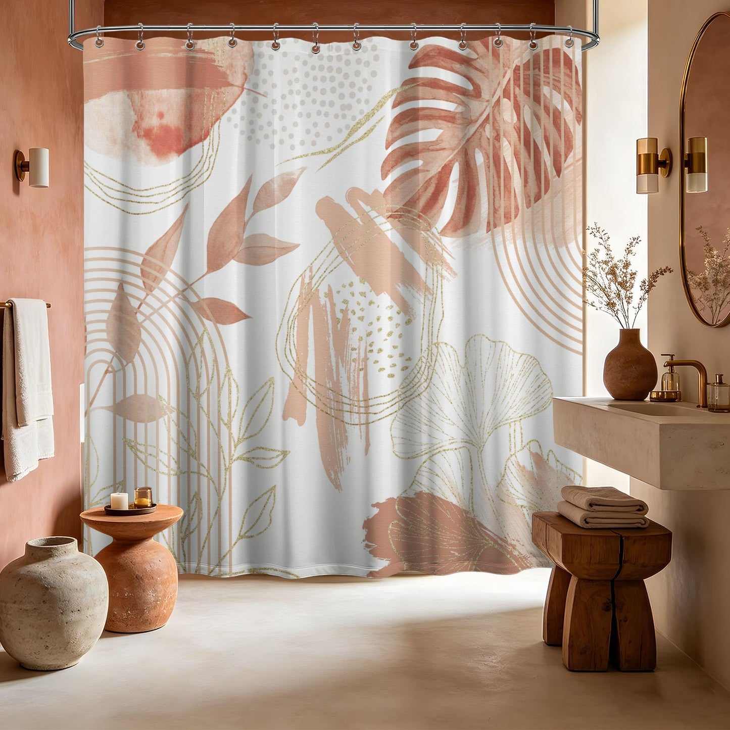 soeeao Coral Pink Shower Curtain Cute Girly Salmon Peach Mid Century Modern Shower Curtains for Girls Bathroom Decor, Waterproof Cloth Fabric with Hooks, 70" W x 72" L