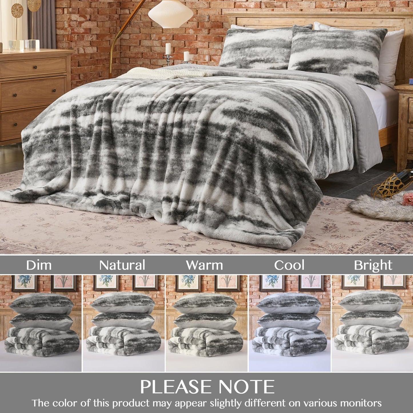 Lotus Karen Queen Comforter Set - Fluffy Black and White Faux Fur Bed Comforter Queen - Lightweight Warm Fuzzy Watercolor Faux Rabbit Fur Bedding Sets 3 Pieces(1 Comforter and 2 Pillowcases)