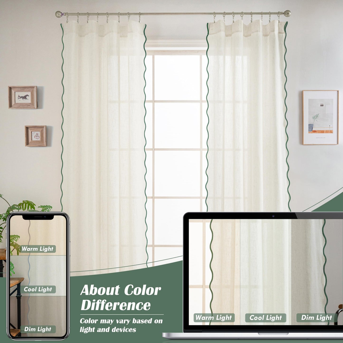 DriftAway Semi Sheer Scalloped Edge Linen Coastal Beach Window Curtains for Living Room Bedroom 2 Panels Rod Pocket Each Size 52 Inch by 96 Inch Loden Green